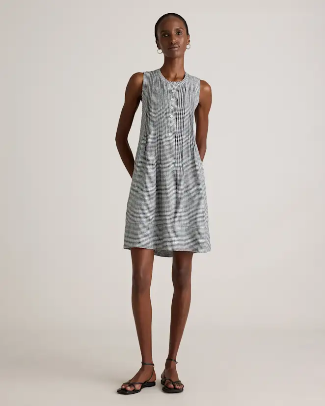 Classic Mini Gingham 100% European Linen Sleeveless Swing Dress