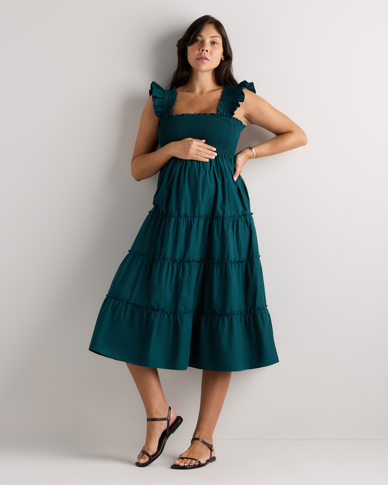 Ocean Green Robe midi de maternité en popeline 100 % coton biologique à smocks