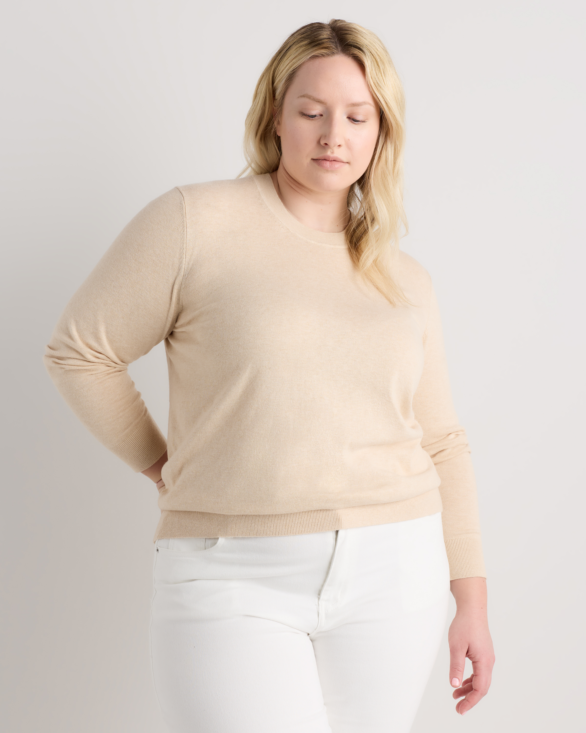 Heather Oatmeal Lightweight Cotton Cashmere Crew Sweater