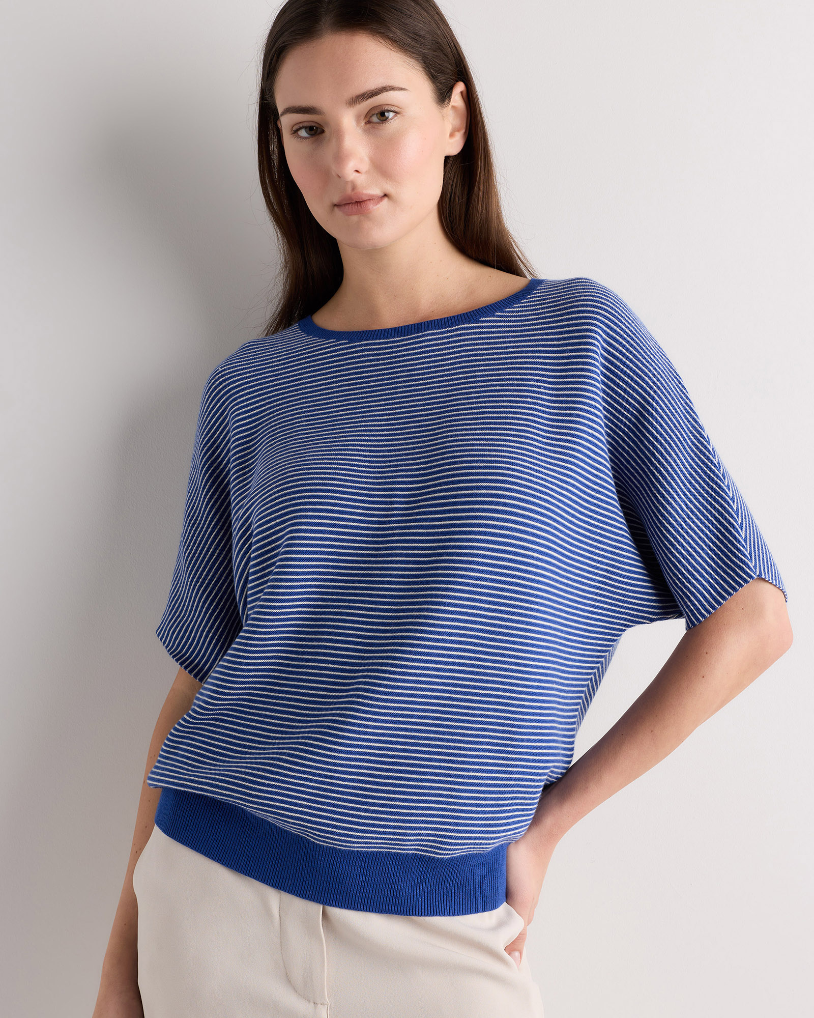 Orchid Blue Mini Stripe Lightweight Cotton Cashmere Link-Stitch Dolman Sweater 