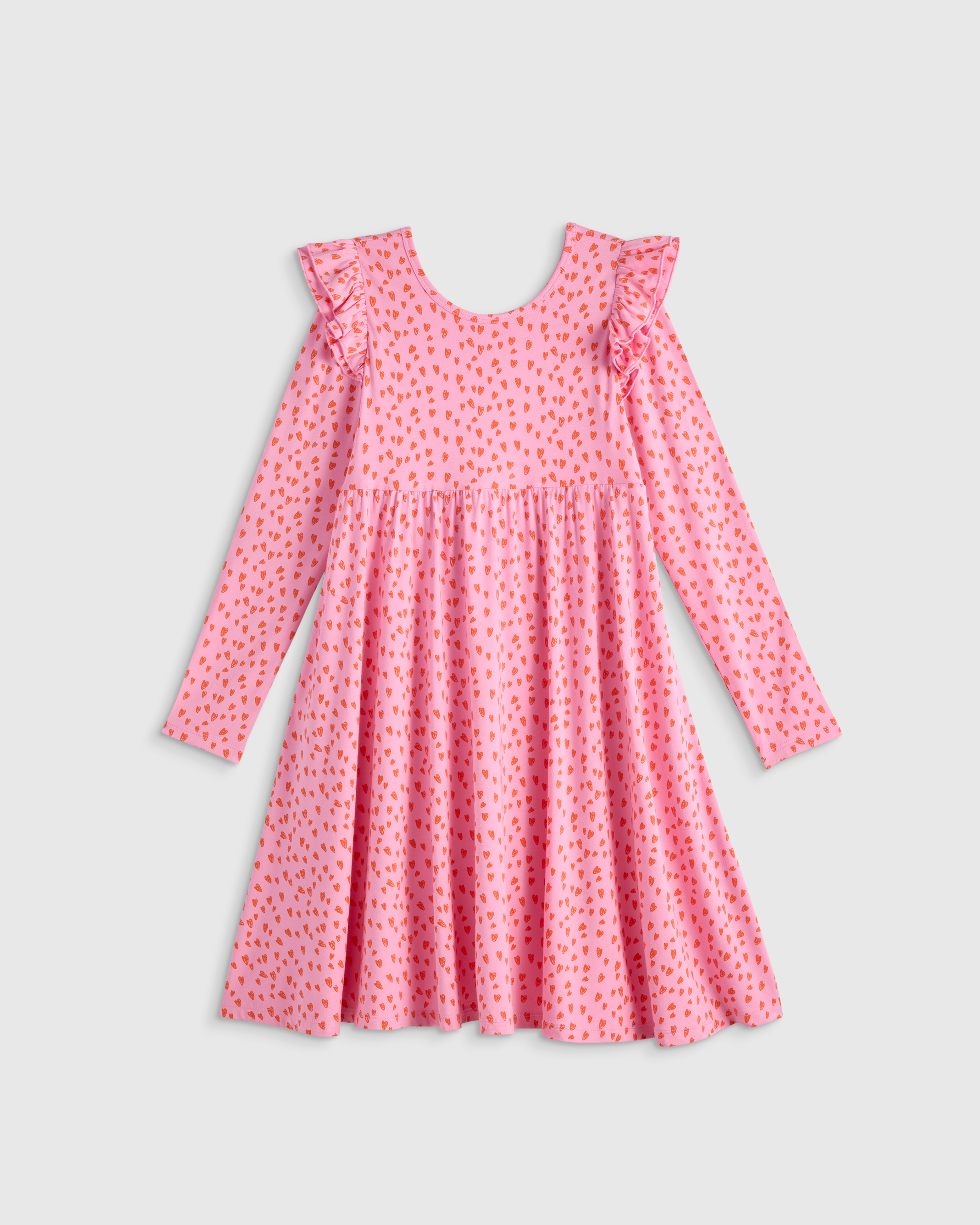pink-hearts Bamboo Long Sleeve Flutter Twirl Dress