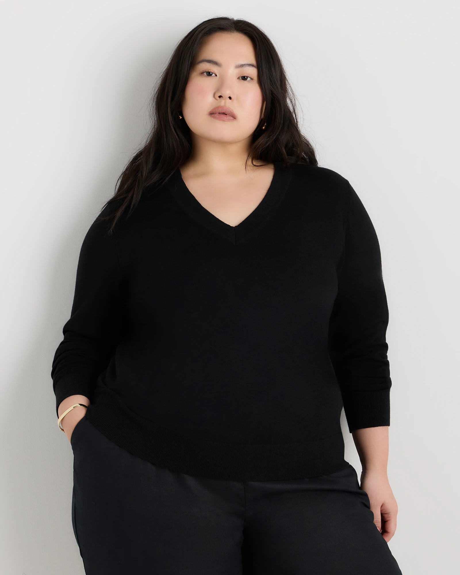 Lightweight Cotton Cashmere V-Neck Sweater - Plus Size