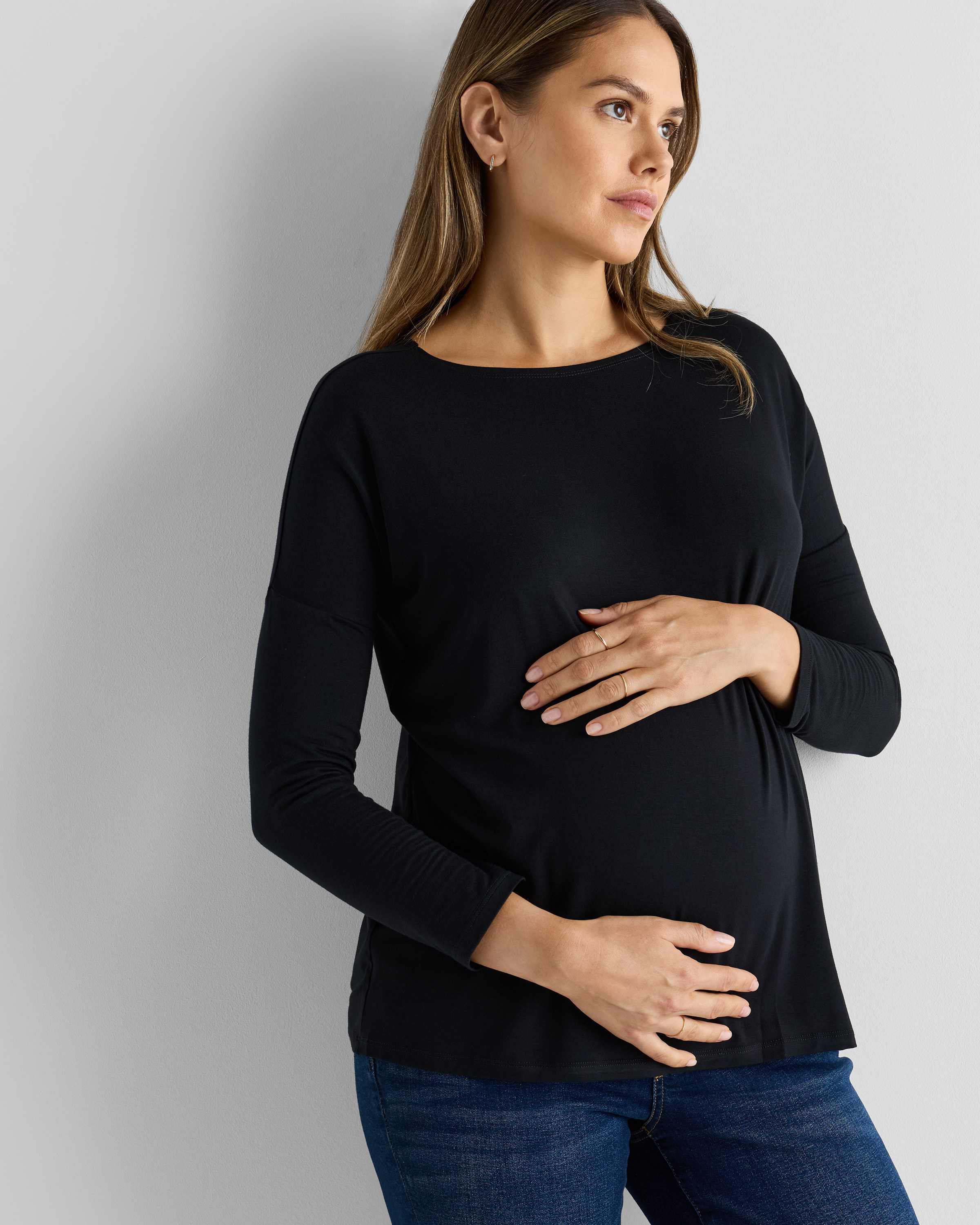 Black/Black White Stripe Bamboo Jersey Maternity Long Sleeve Tee (2-pack)