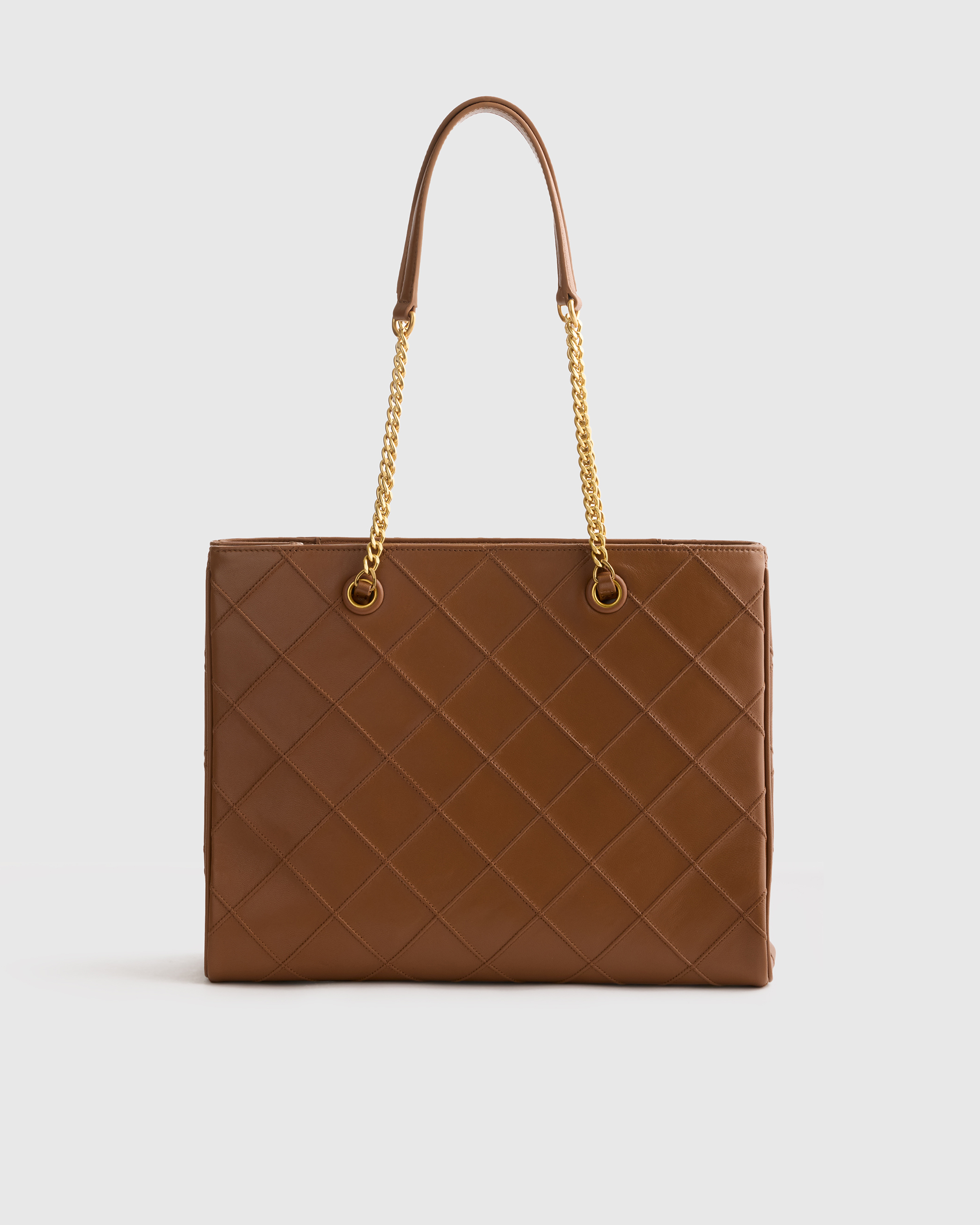 Cognac Italian Leather Diamond Stitch Tote