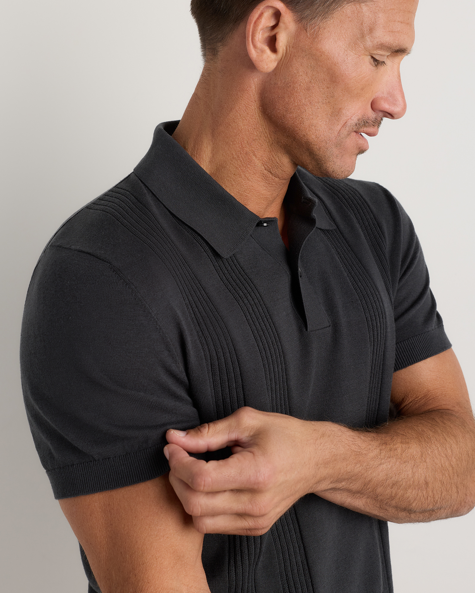 Cotton Silk Ribbed Short Sleeve Sweater Polo