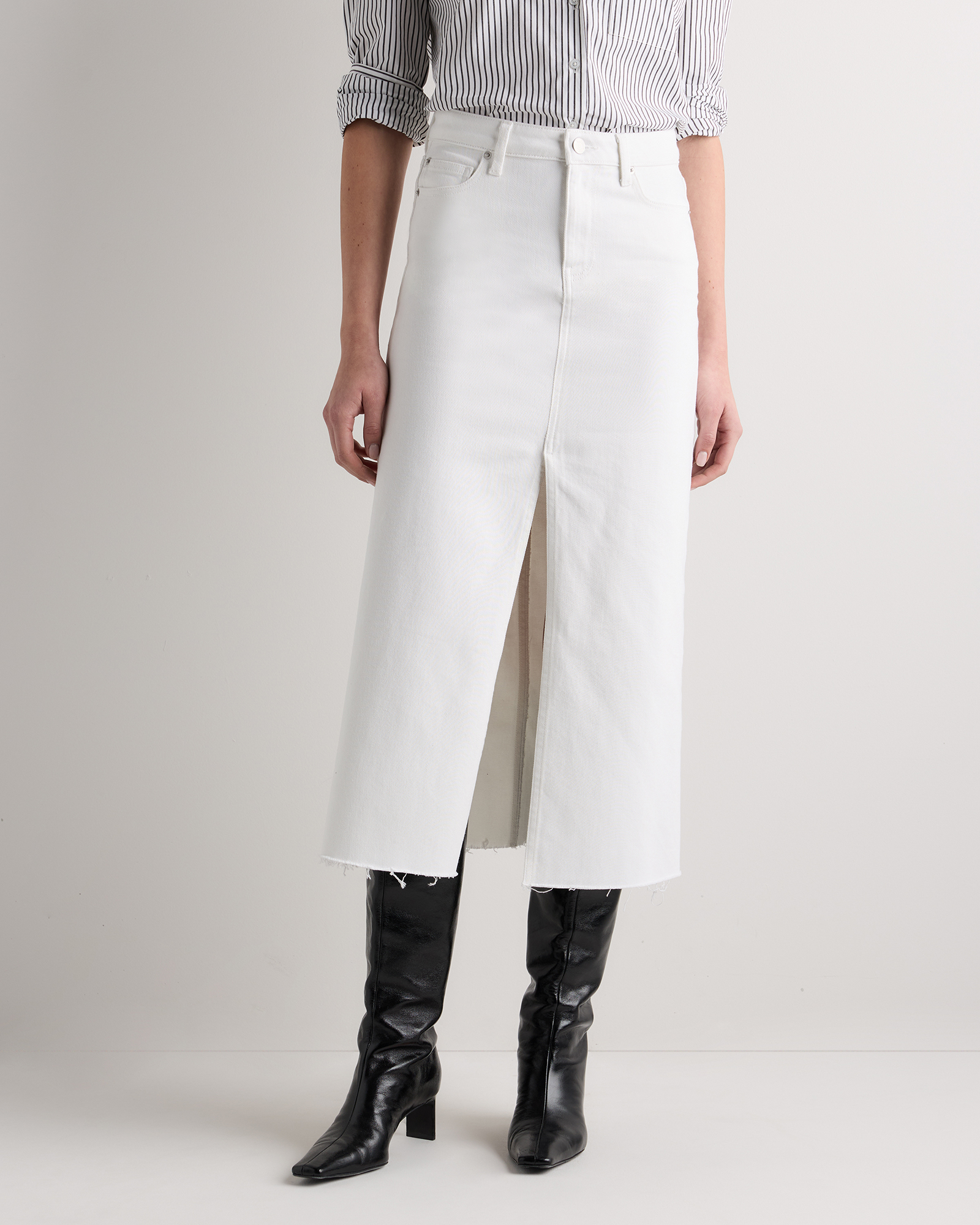 Ghost White Stretch Denim 5-Pocket Midi Skirt