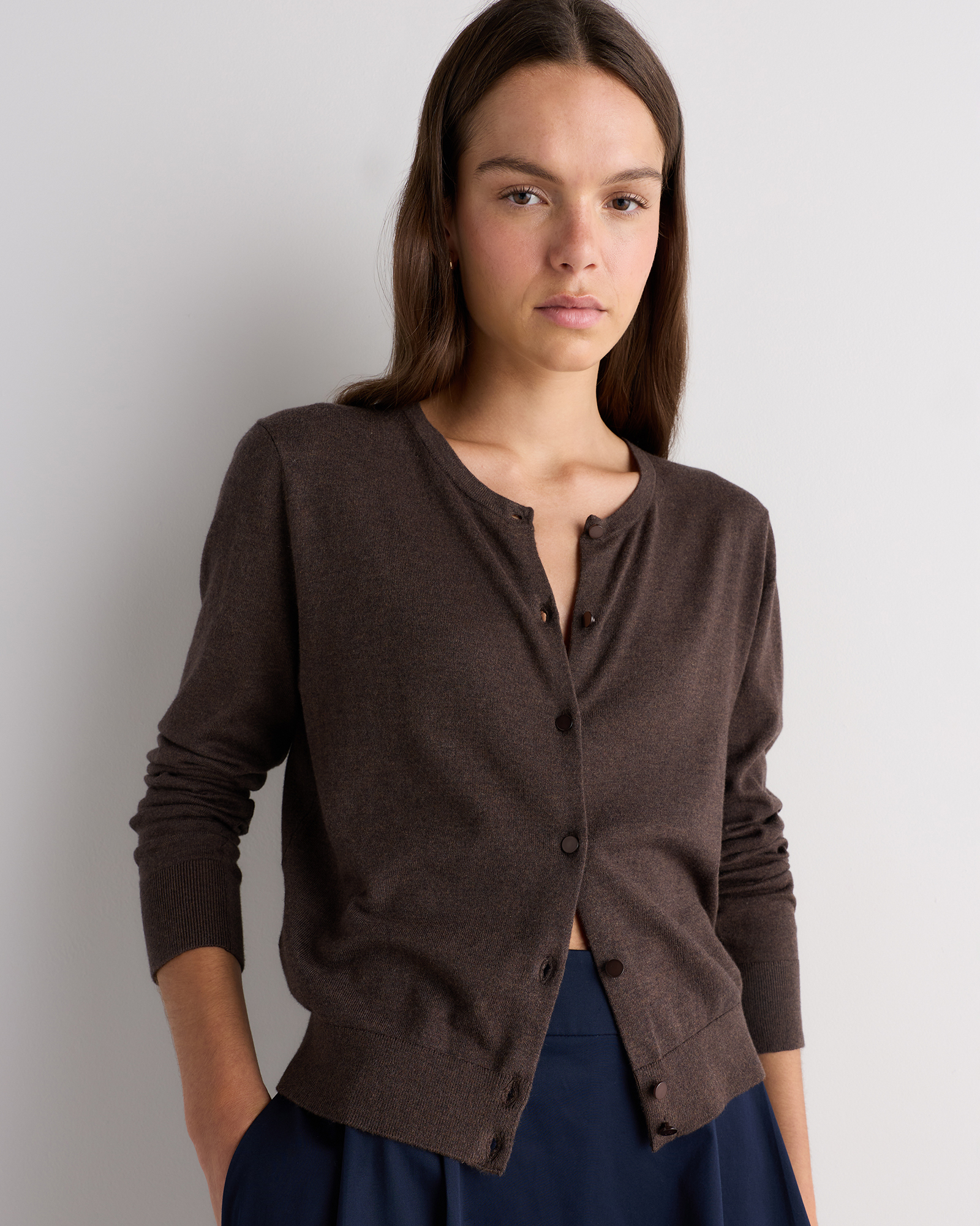 Mocha Heather Lightweight Cotton Cashmere Crew Cardigan