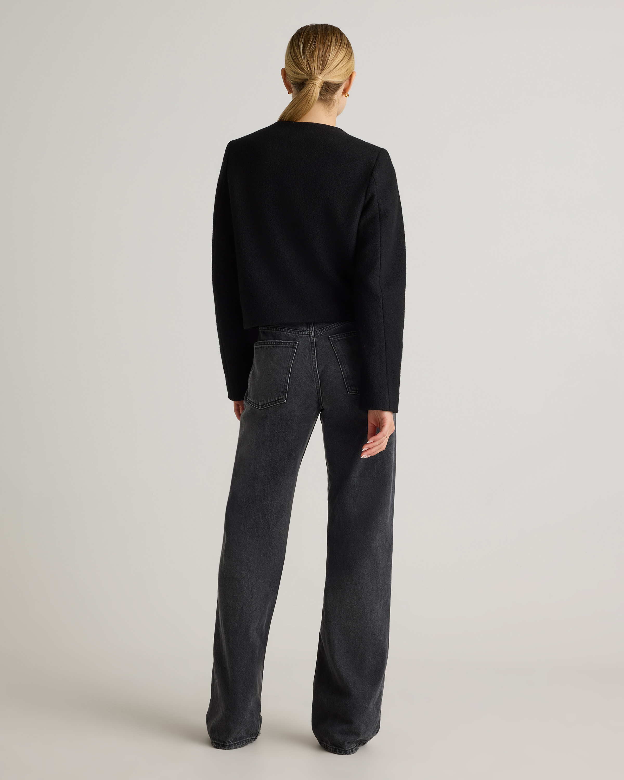 100% Merino Wool Collarless Cropped Jacket in Black