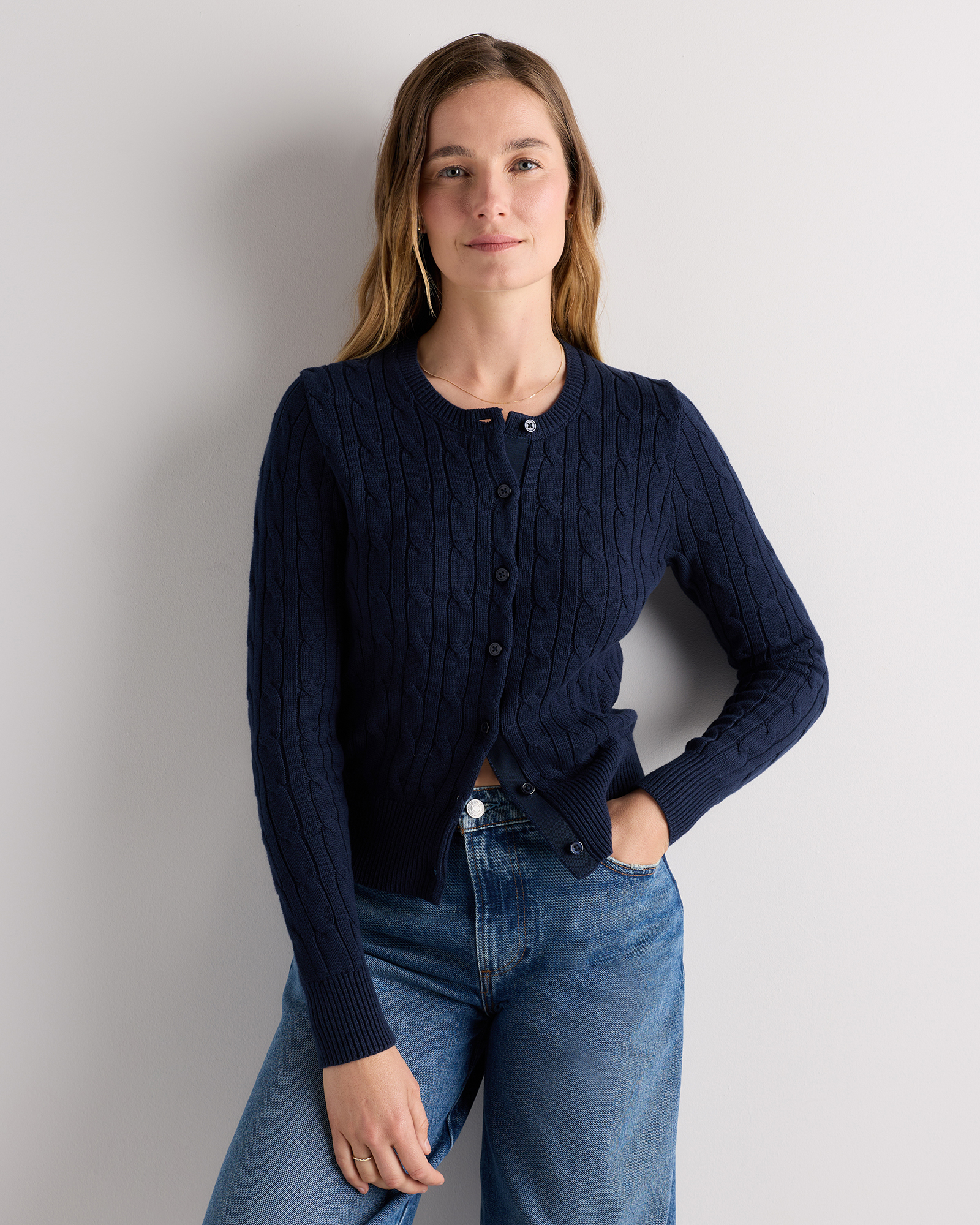 Navy 100% Organic Cotton Cable Crew Cardigan