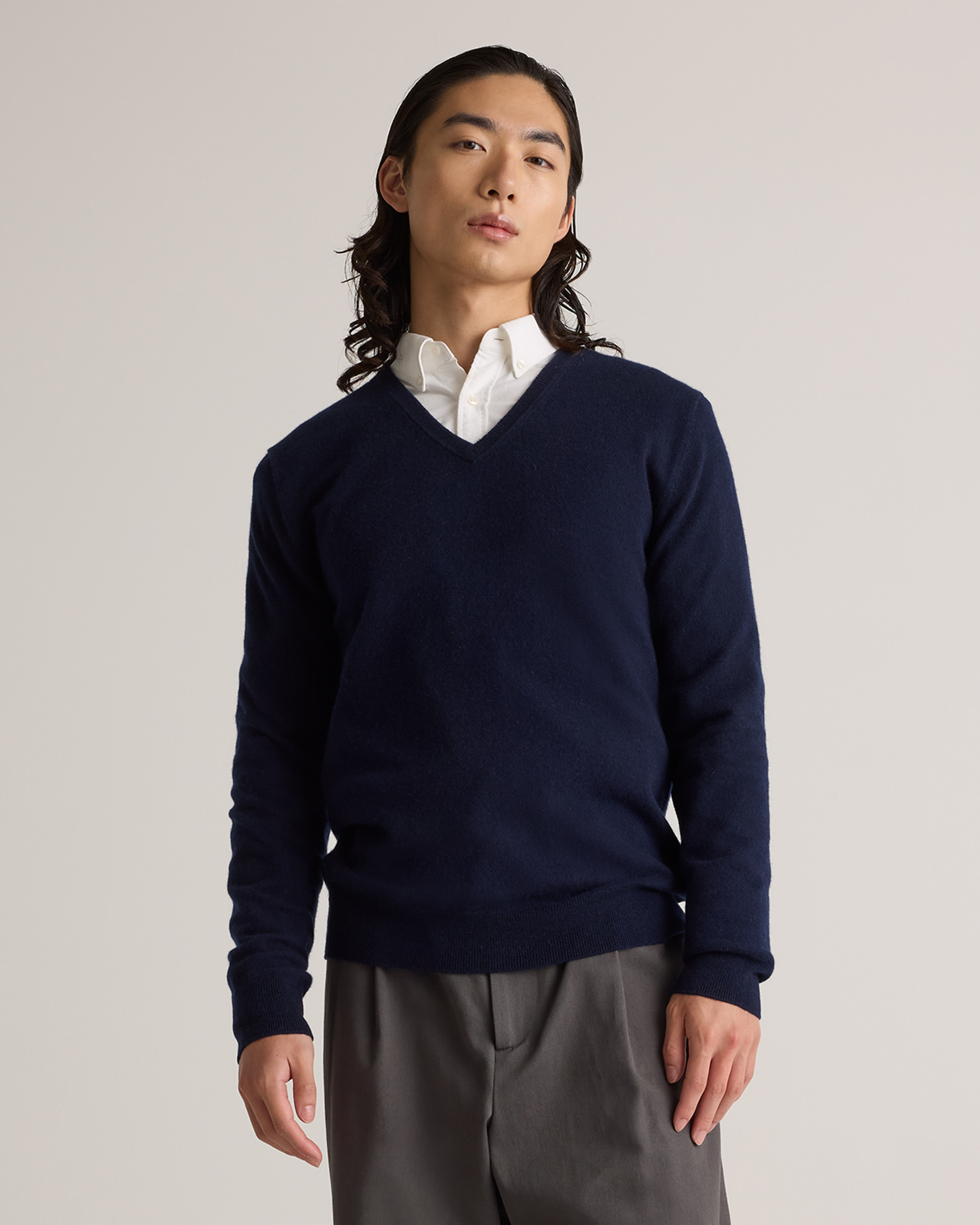 True Navy Mongolian Cashmere V-Neck Sweater