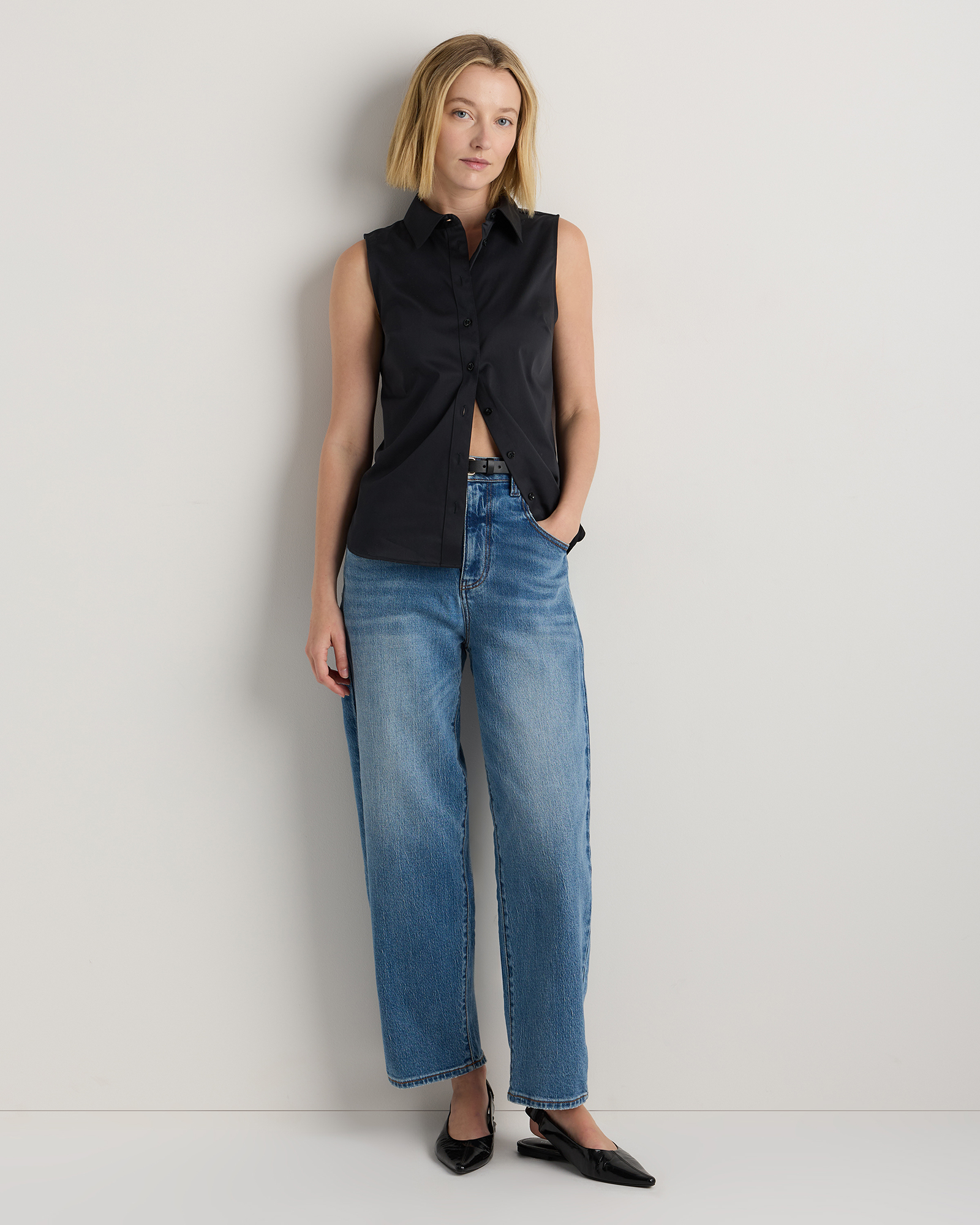 Organic Stretch Cotton Tailored Sleeveless Shirt in True Black