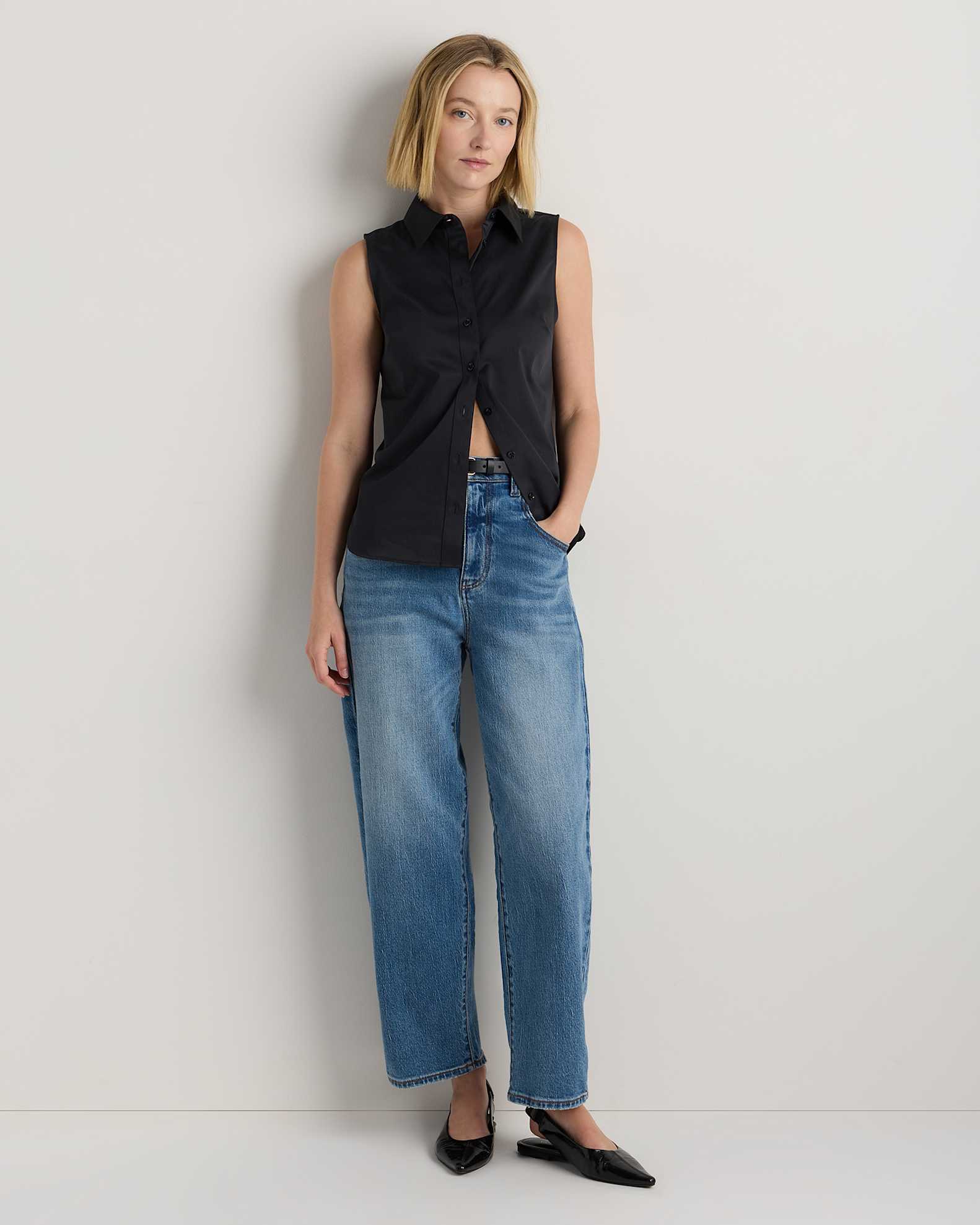 Organic Stretch Cotton Tailored Sleeveless Shirt in True Black Organic Stretch Cotton Tailored Sleeveless Shirt in True Black