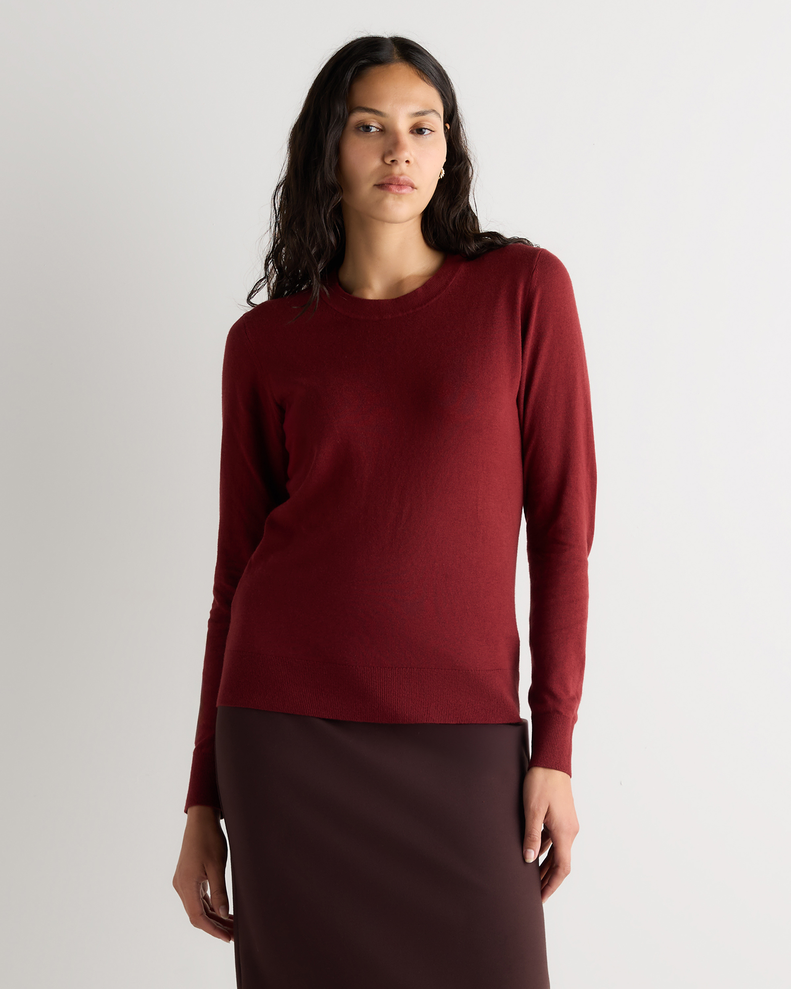 Deep Brick Red Lightweight Cotton Cashmere Crew Sweater 