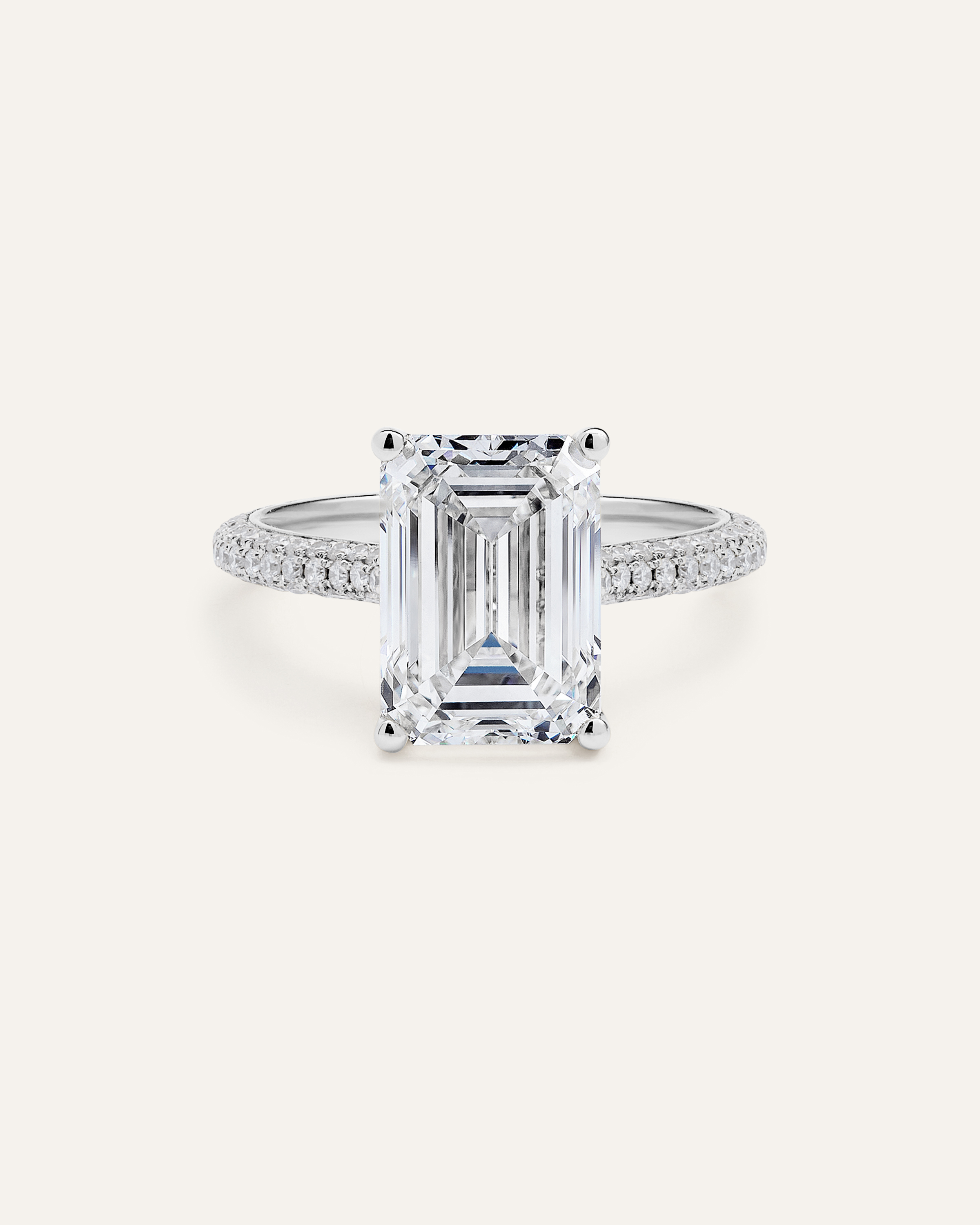 White Gold Lab Grown Diamond Emerald Pave Cathedral Engagement Ring