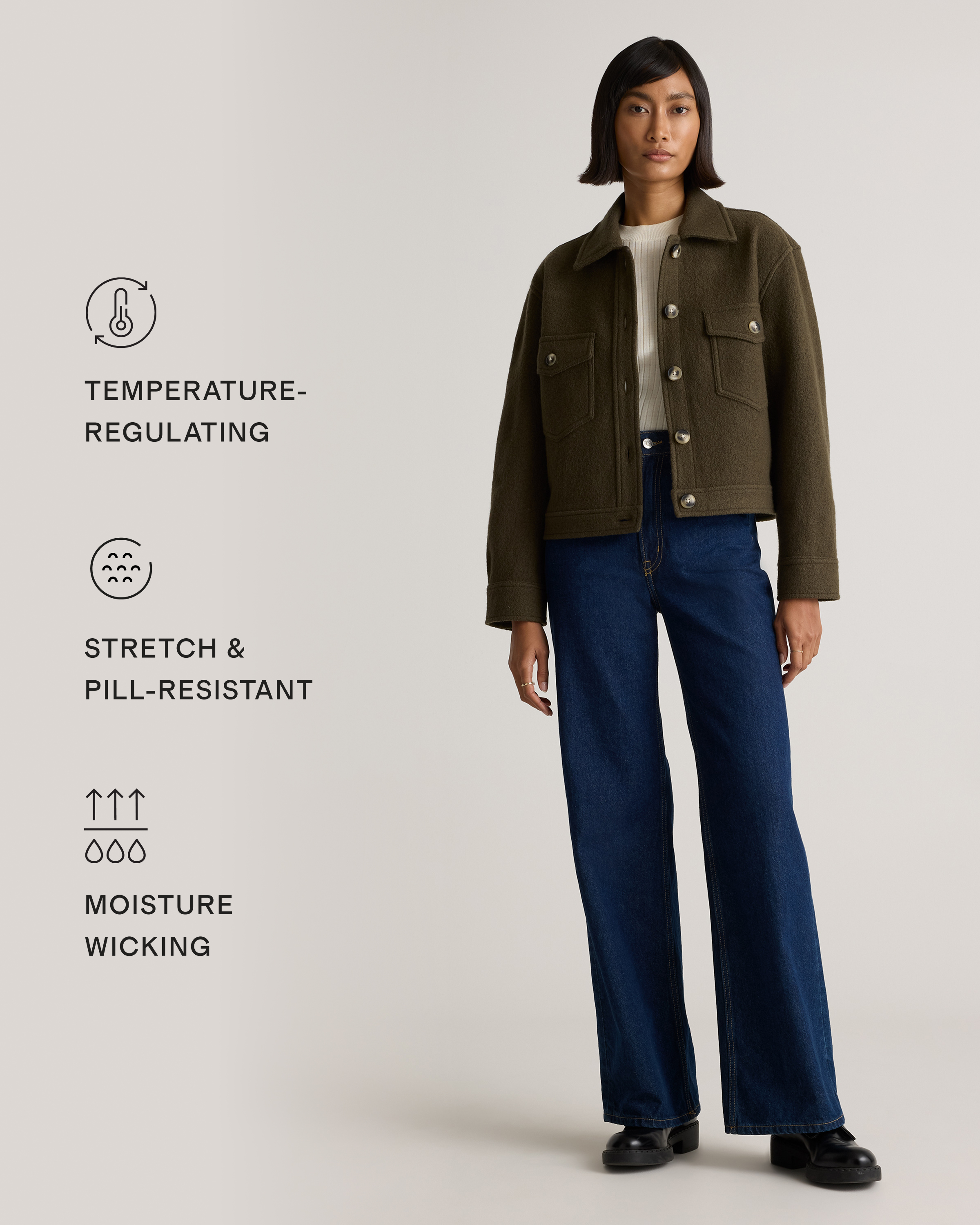 100% Merino Wool Cropped Shirt Jacket in Olive Grove