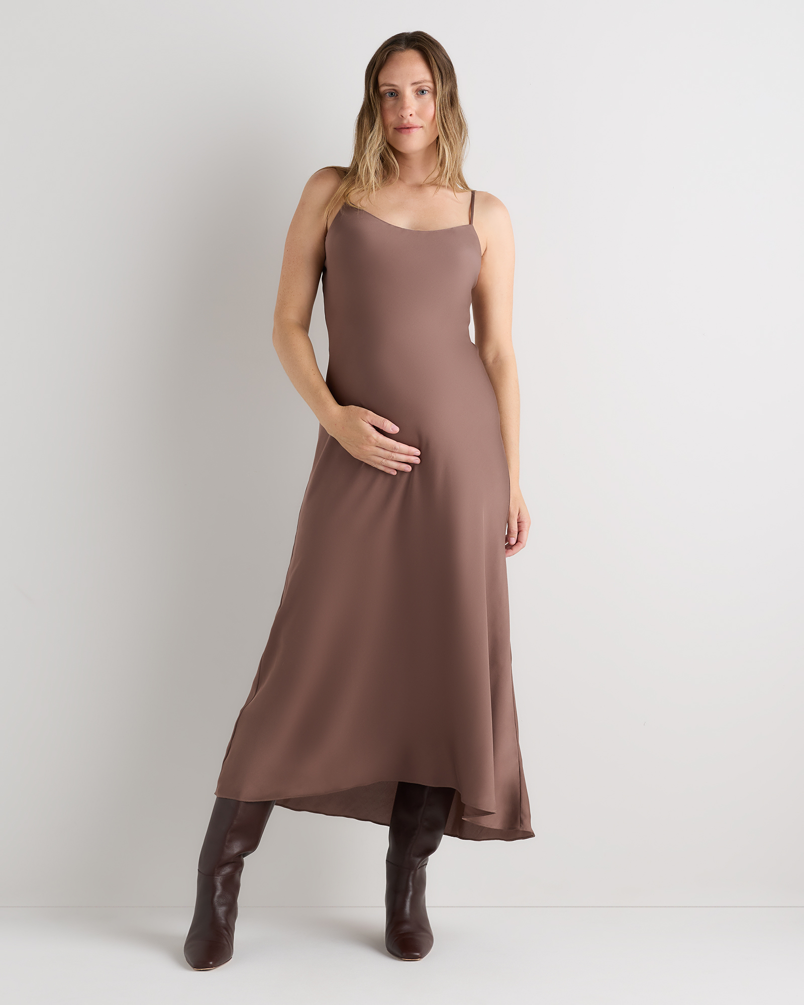 Mink Taupe Washable Stretch Silk Maternity Slip Dress