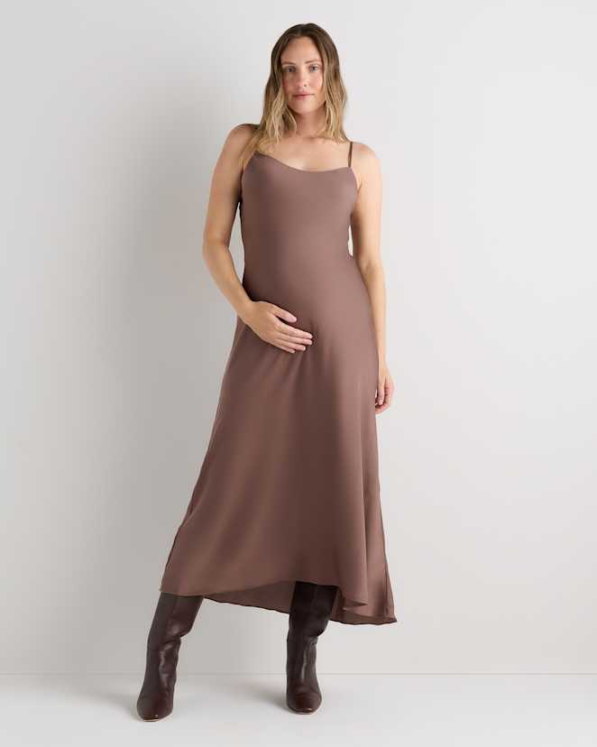 Mink Taupe Washable Stretch Silk Maternity Slip Dress