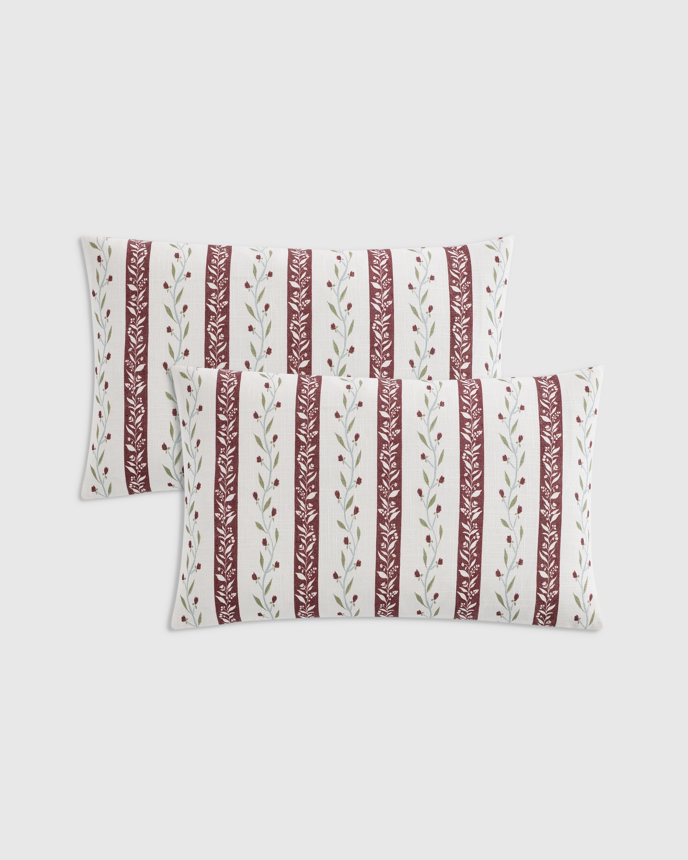 Red Stripe Floral Vine Cotton Pillow Cover (Set of 2)