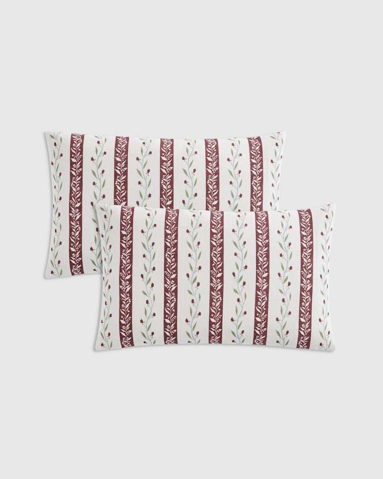 Red Stripe Floral Vine Cotton Pillow Cover (Set of 2)