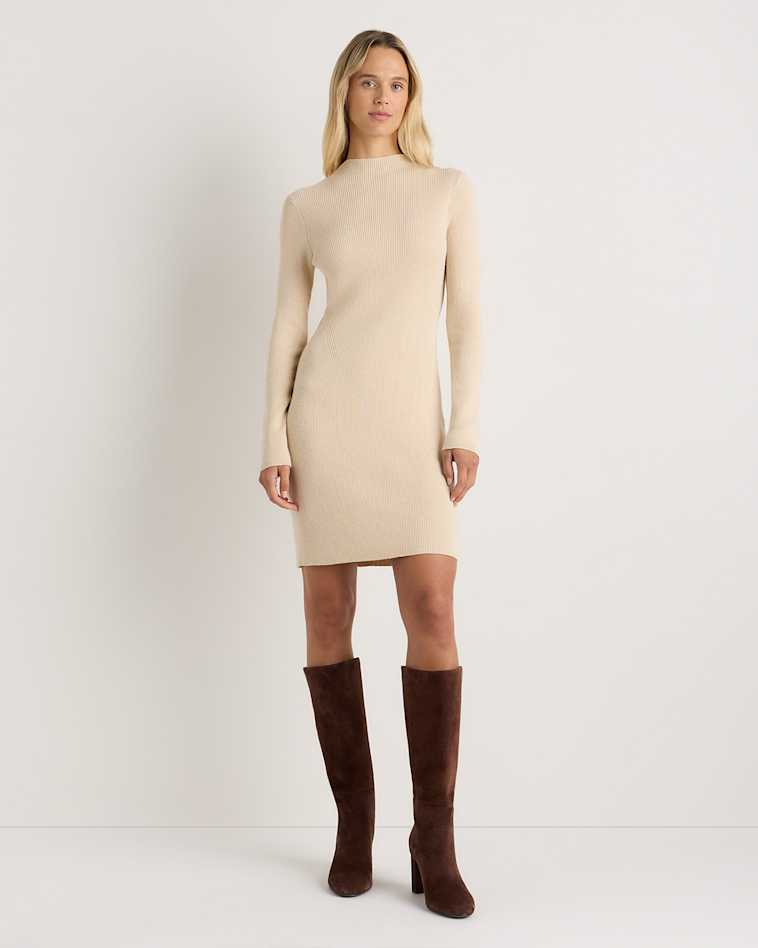 Cotton Cashmere Ribbed Long Sleeve V-Neck Midi Dress in Heather Oatmeal Cotton Cashmere Ribbed Long Sleeve V-Neck Midi Dress in Heather Oatmeal
