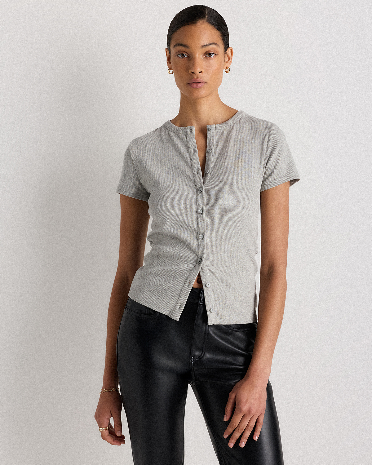 Heather Grey Organic Cotton Micro-Rib Button Tee
