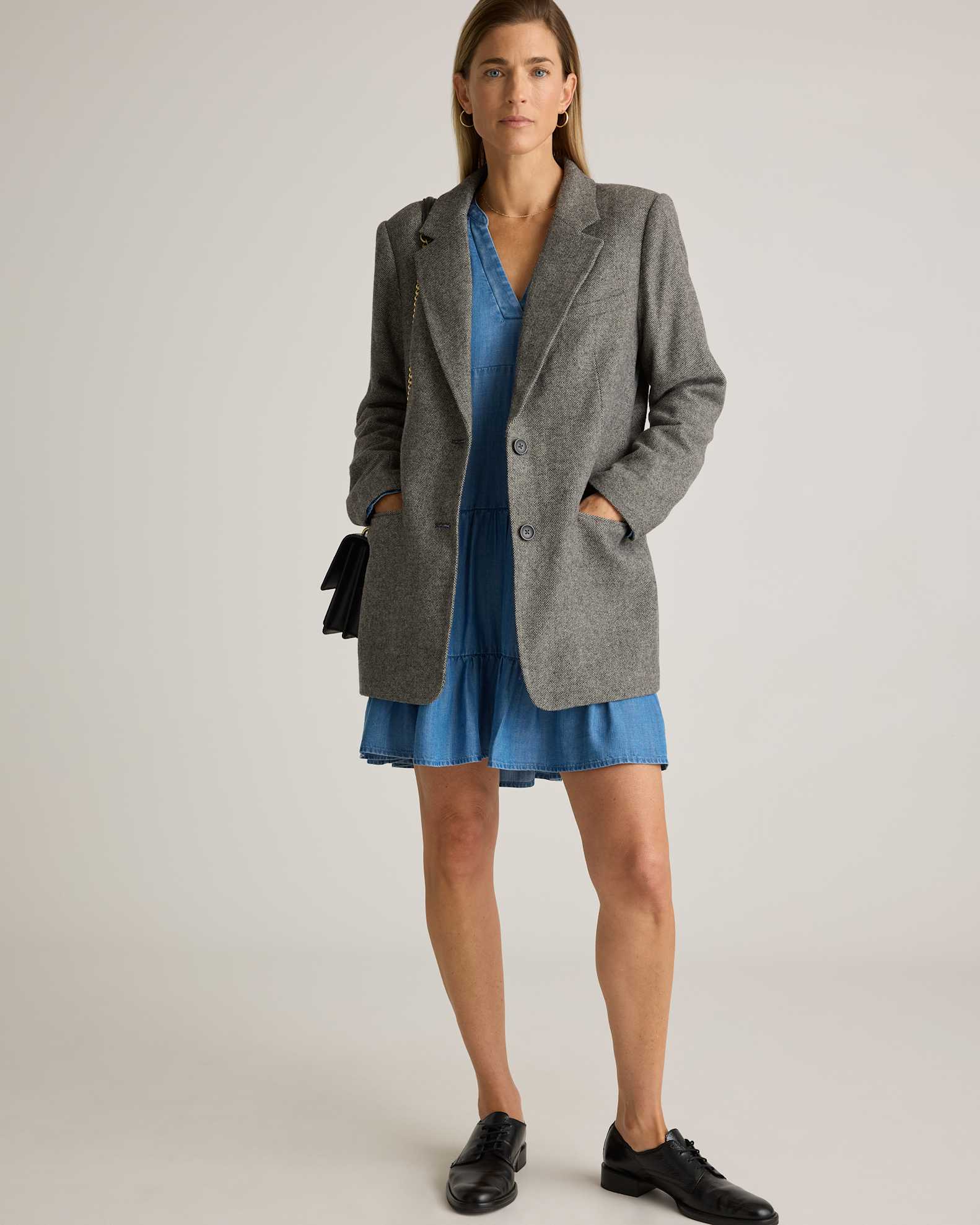 Chambray Tencel Tiered Long Sleeve Mini Dress Chambray Tencel Tiered Long Sleeve Mini Dress