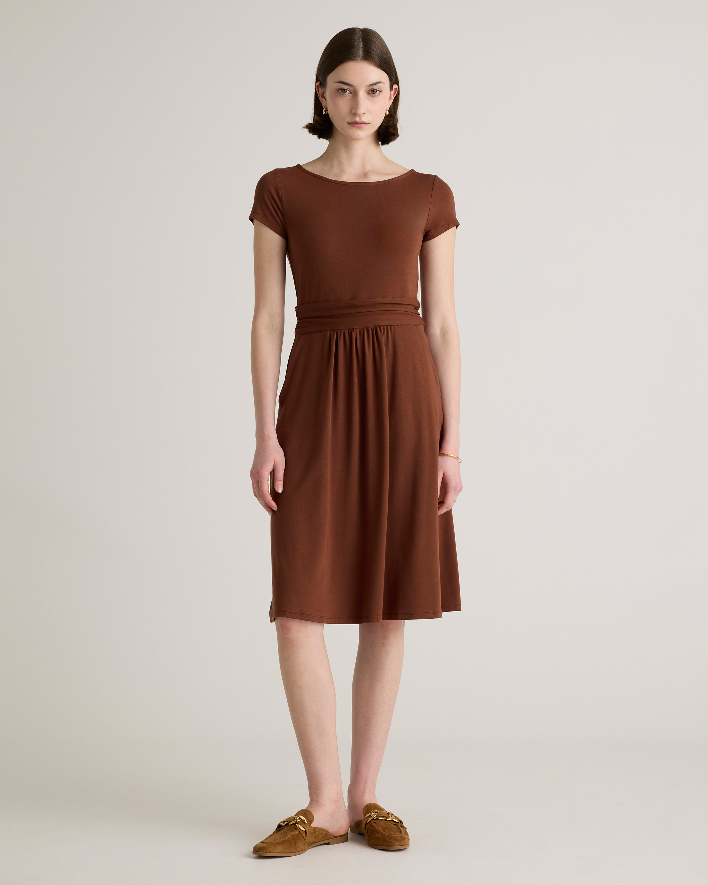 Brown Tencel Jersey Ruched Waist Dress
