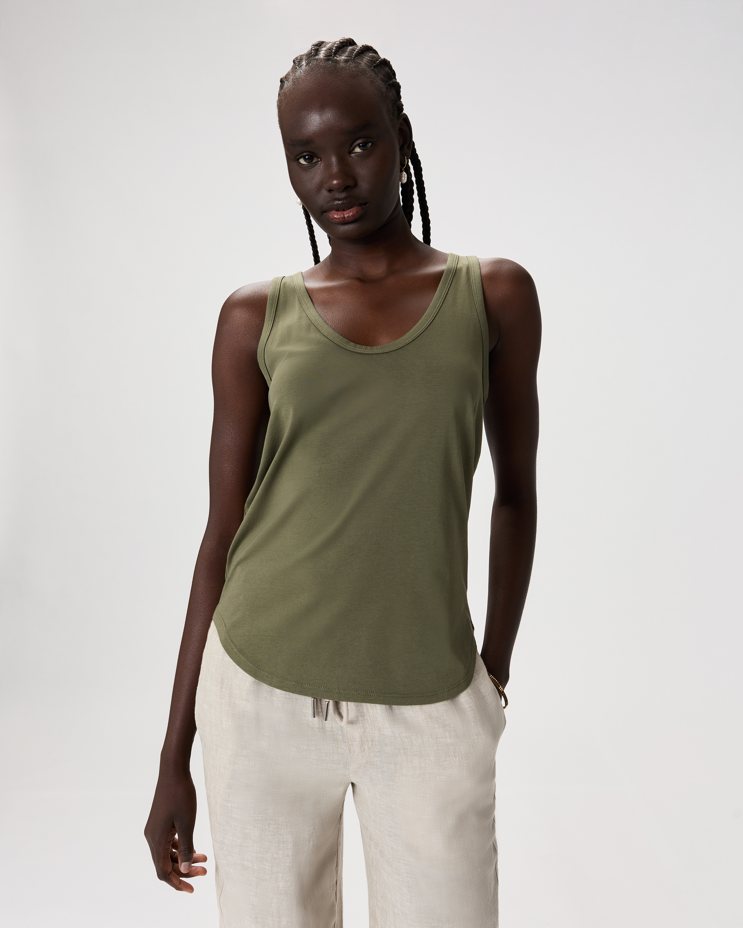 Dark Olive Cotton Modal Double Scoop Neck Tank