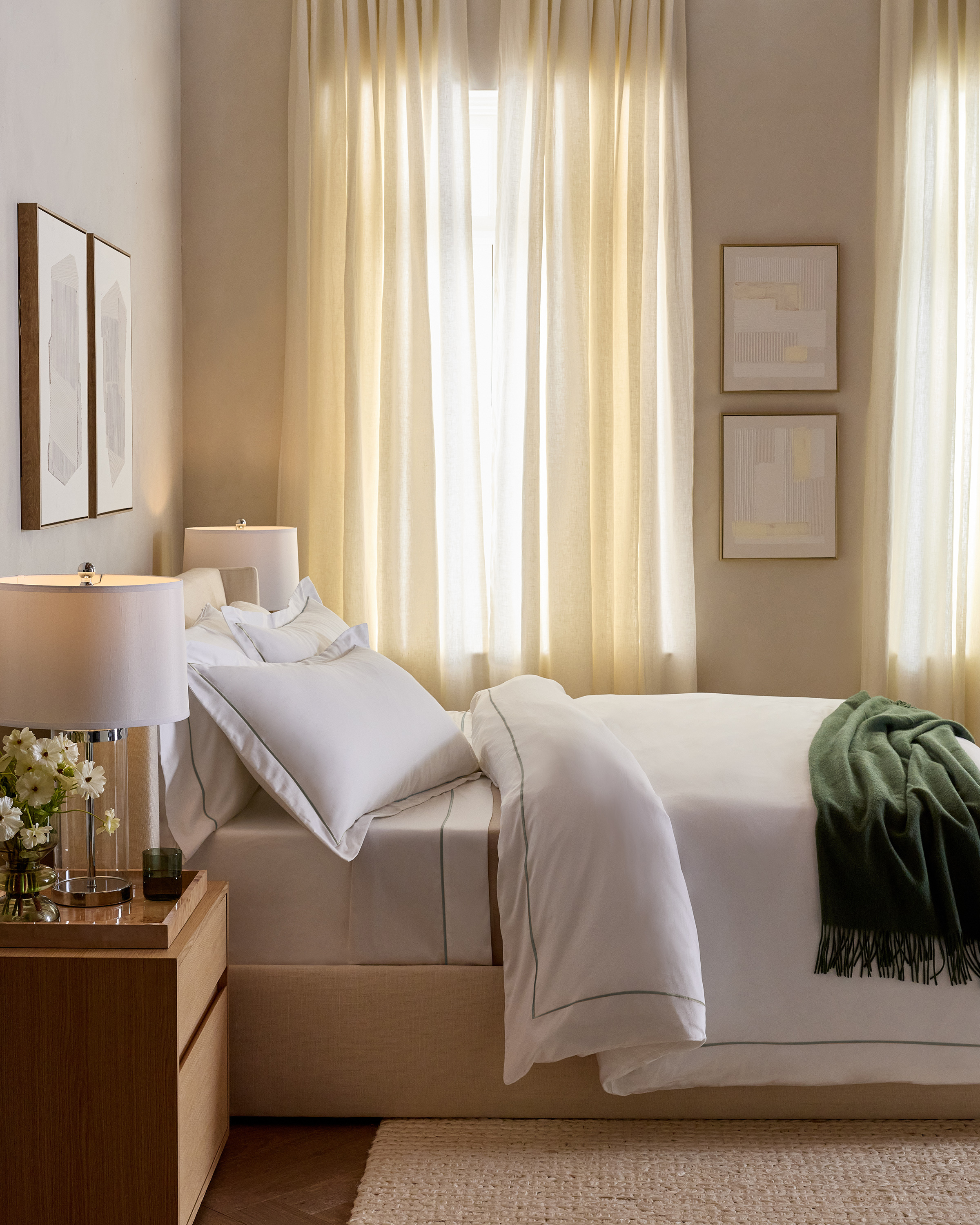 White/Dried Sage Signature Giza Cotton Sateen Embroidered Duvet Cover