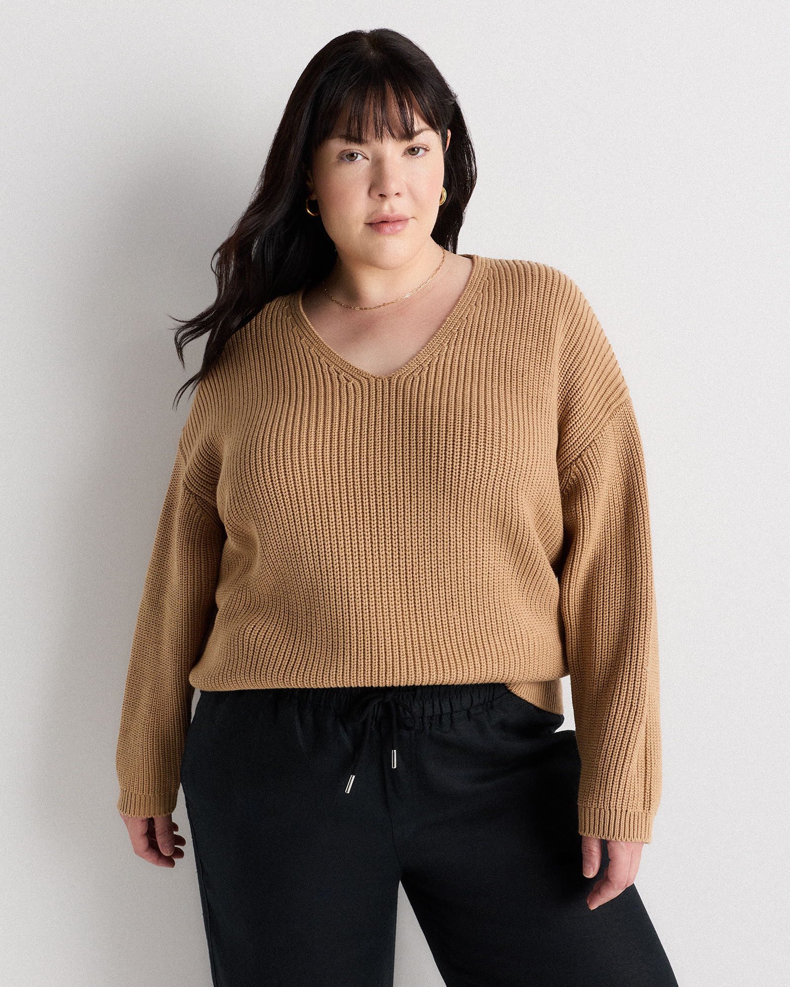 Camel 100% Organic Cotton Fisherman V-Neck Sweater