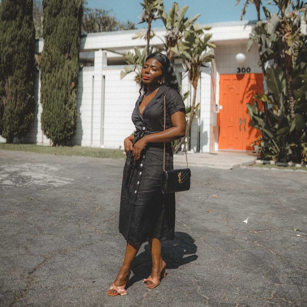 100% European Linen Scoop Neck Midi Dress in Blue Pinstripe 100% European Linen Scoop Neck Midi Dress in Blue Pinstripe