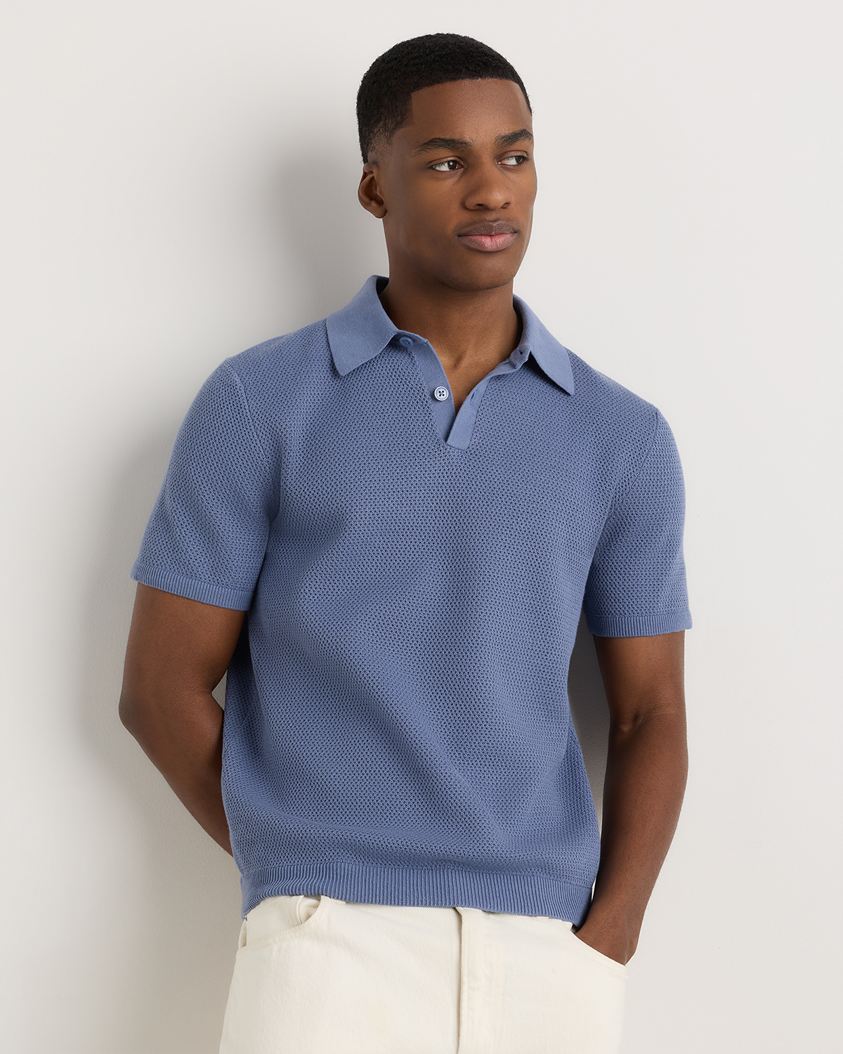 Moonstone Blue 100% Organic Cotton Mesh-Stitch Sweater Polo