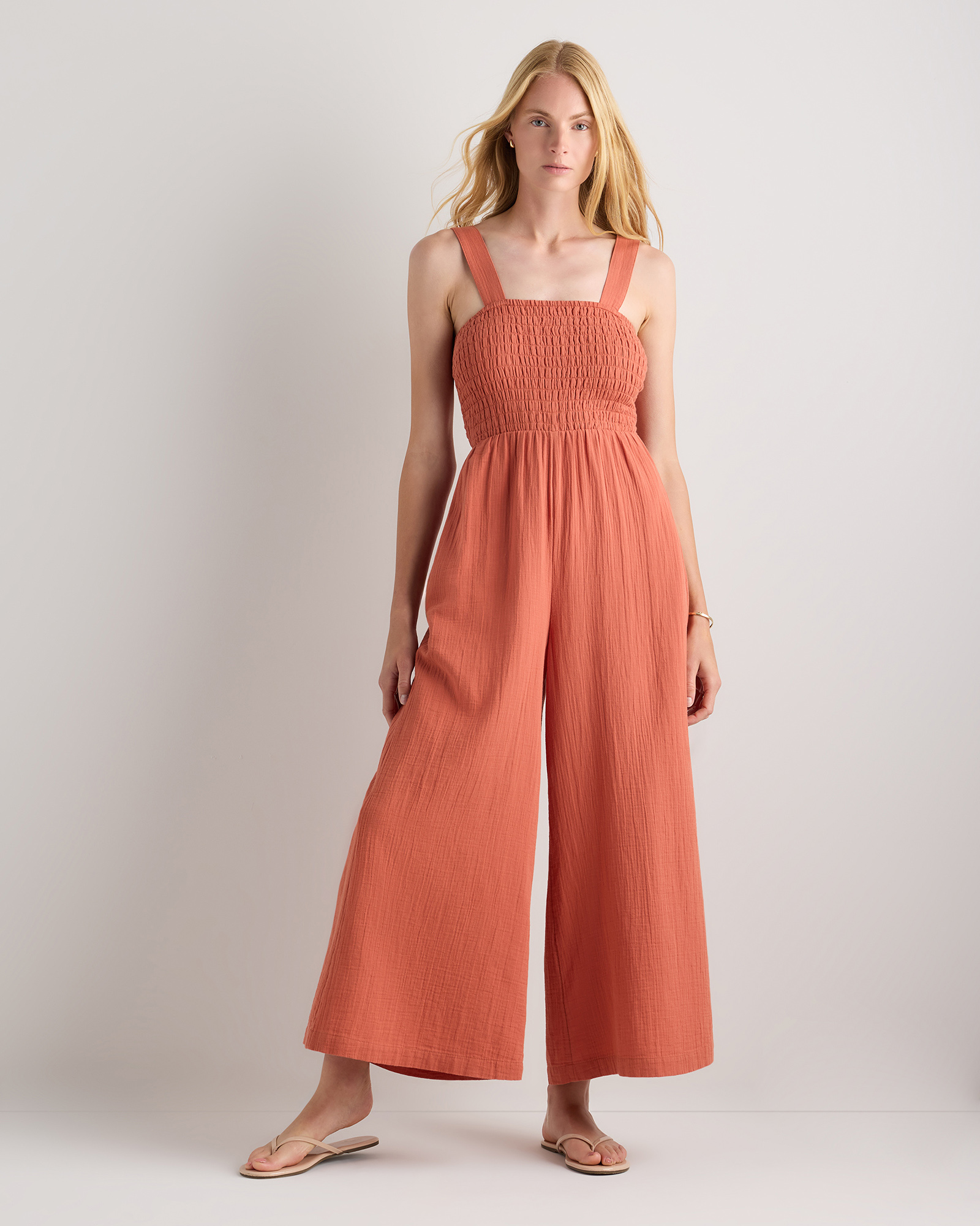 Spiced Orange 100% Organic Cotton Gauze Smocked Wide Leg Jumpsuit