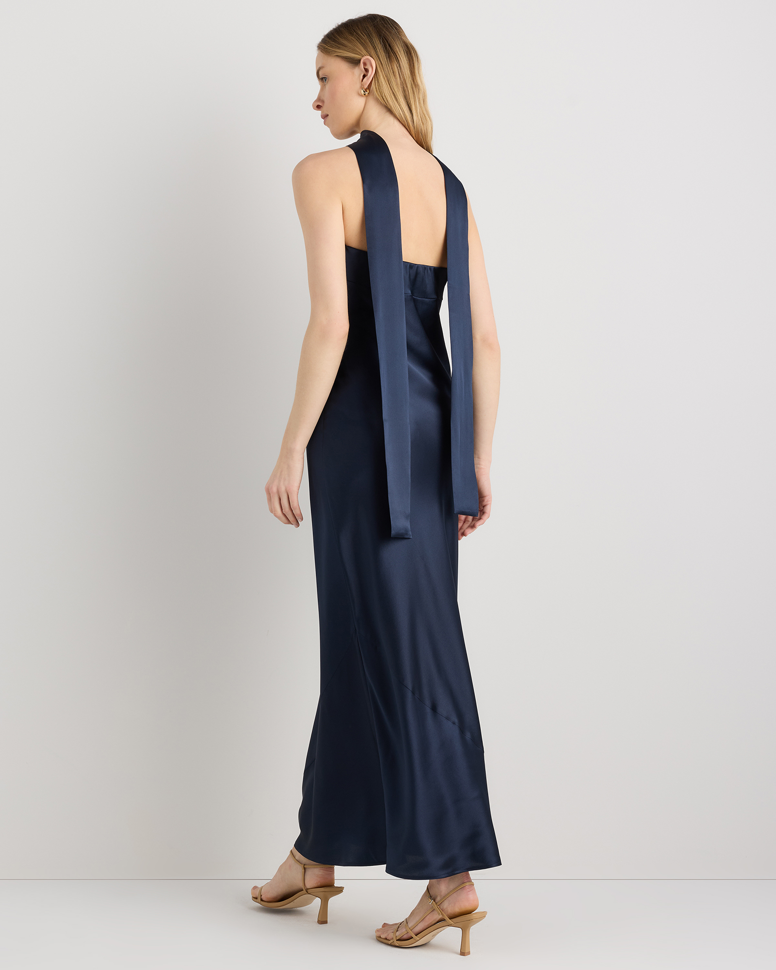 100% Washable Silk Strapless Scarf Maxi Dress in Navy