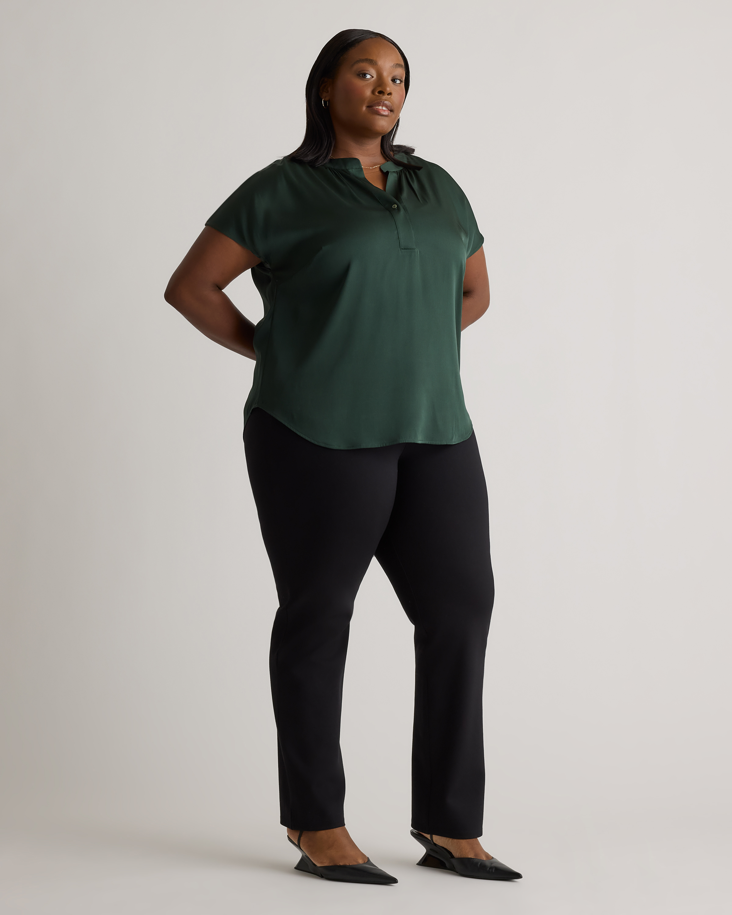 Washable Stretch Silk Dolman Sleeve Blouse - Plus Size in Forest Green