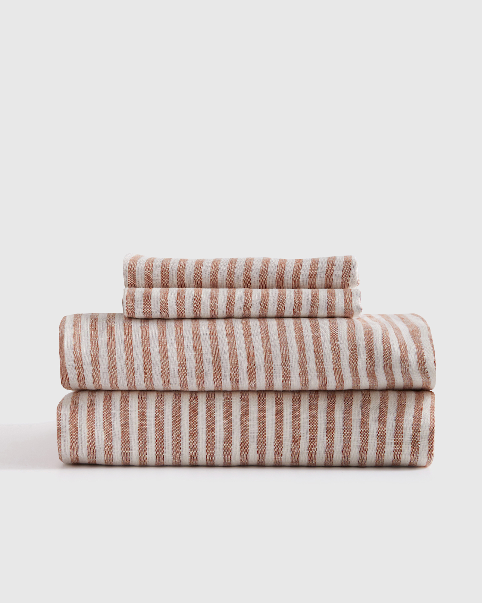 (KING) European Linen Stripe Sheet Set - With Flat Sheet, Terracotta/White Stripe