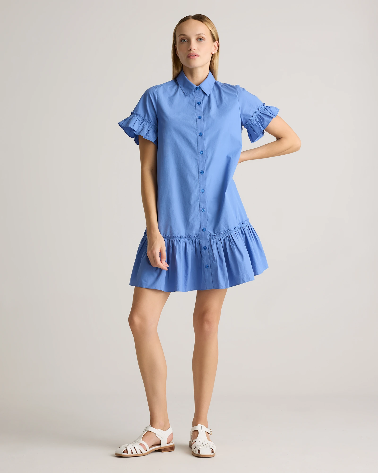 Women's 100% Organic Cotton Poplin Short Sleeve Ruffle Shirt Dress