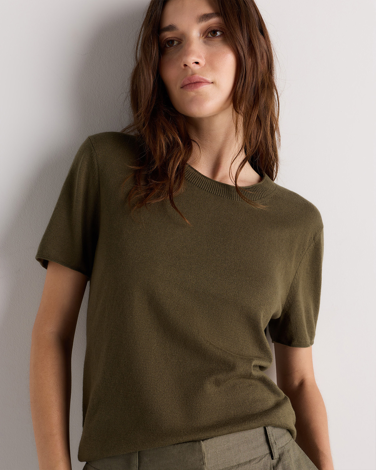 Olive Lightweight Cotton Cashmere Relaxed Sweater Tee