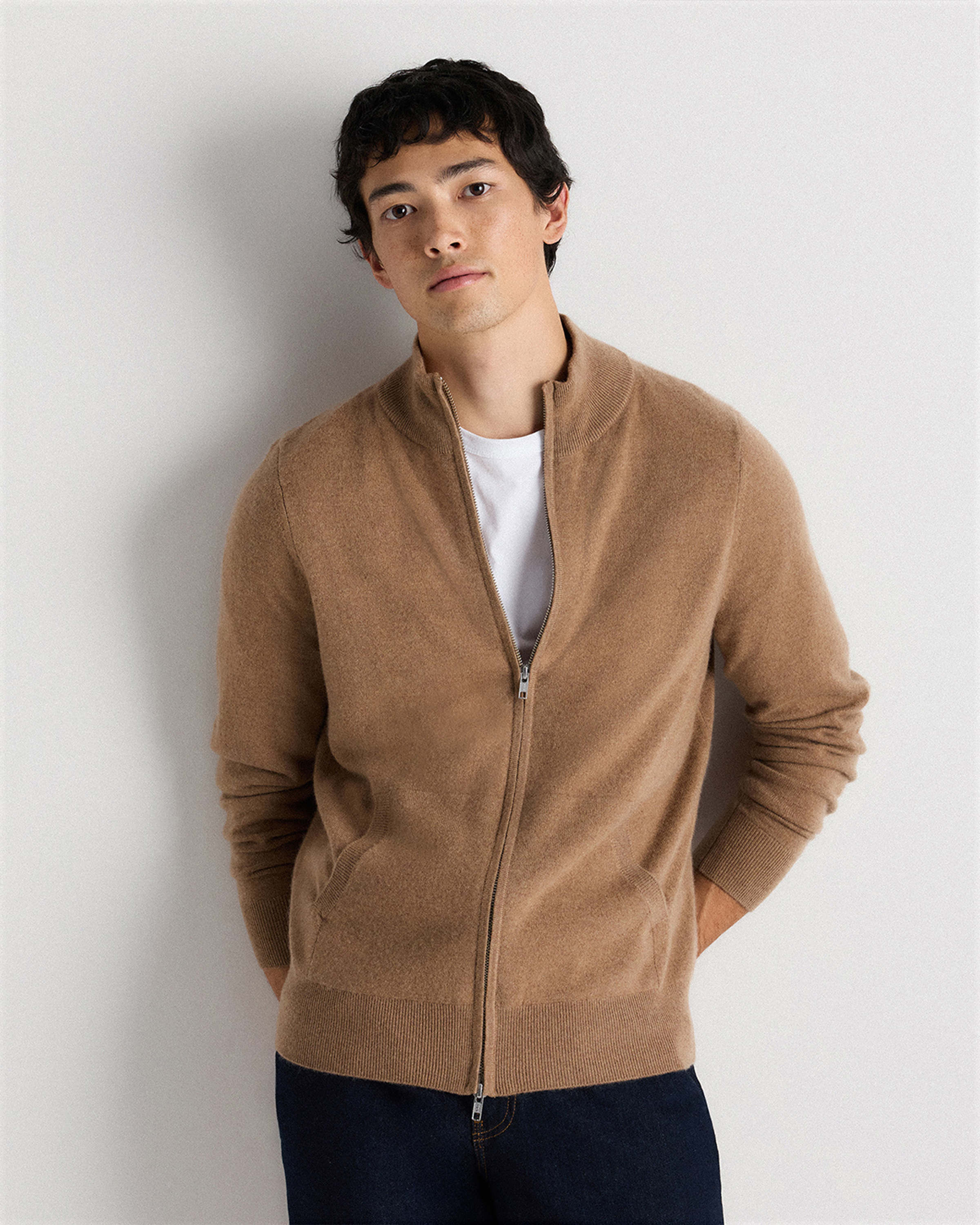 Mongolian Cashmere Full Zip Sweater in Teak