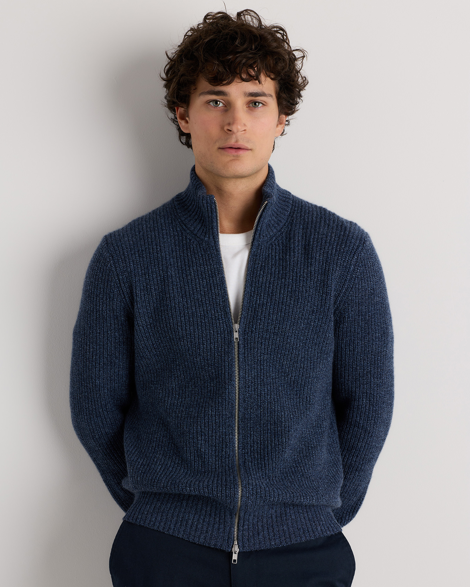 Navy Marl Mongolian Cashmere Fisherman Full Zip Sweater
