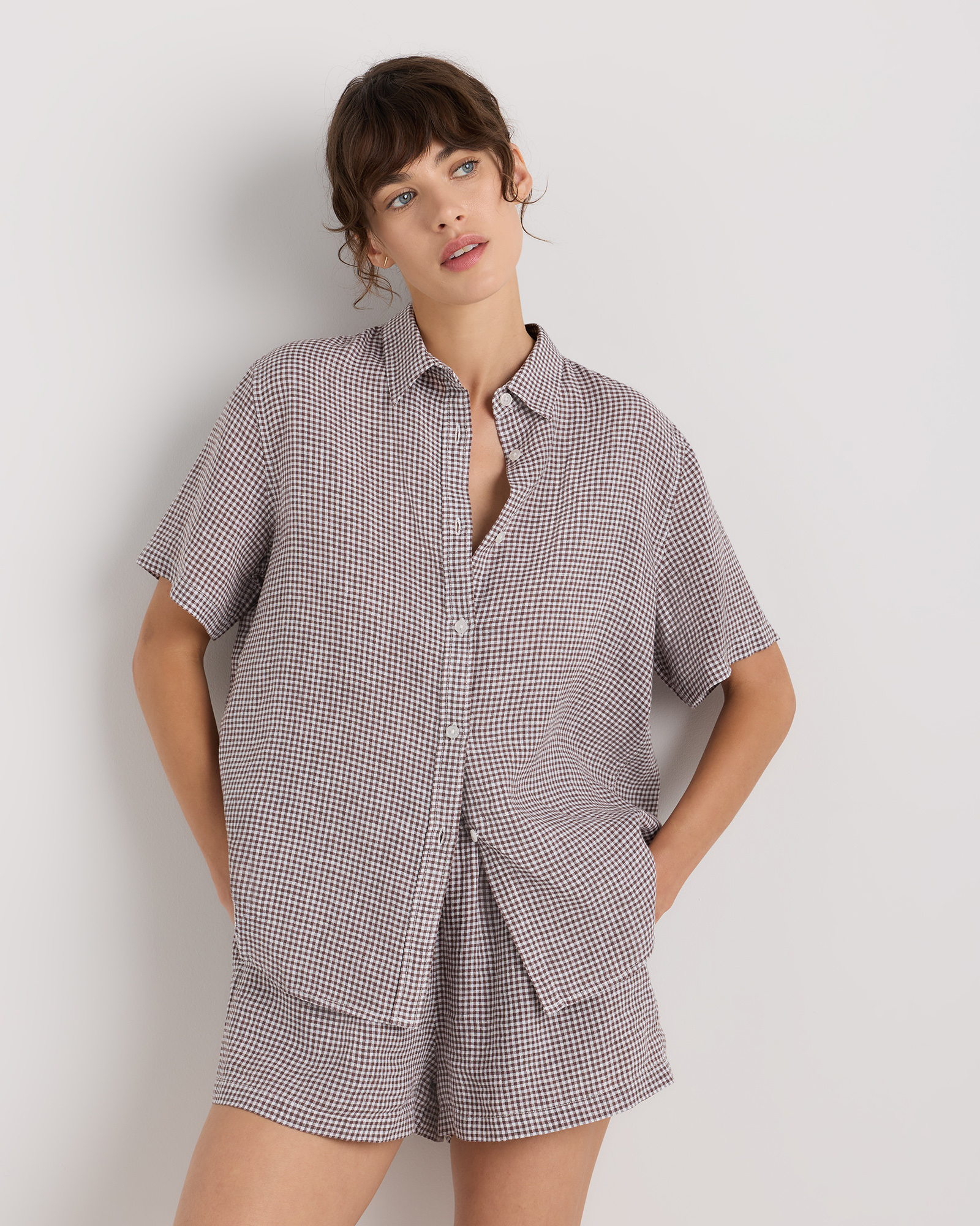 Taupe Brown Gingham 100% European Linen Shorts Pajama Set