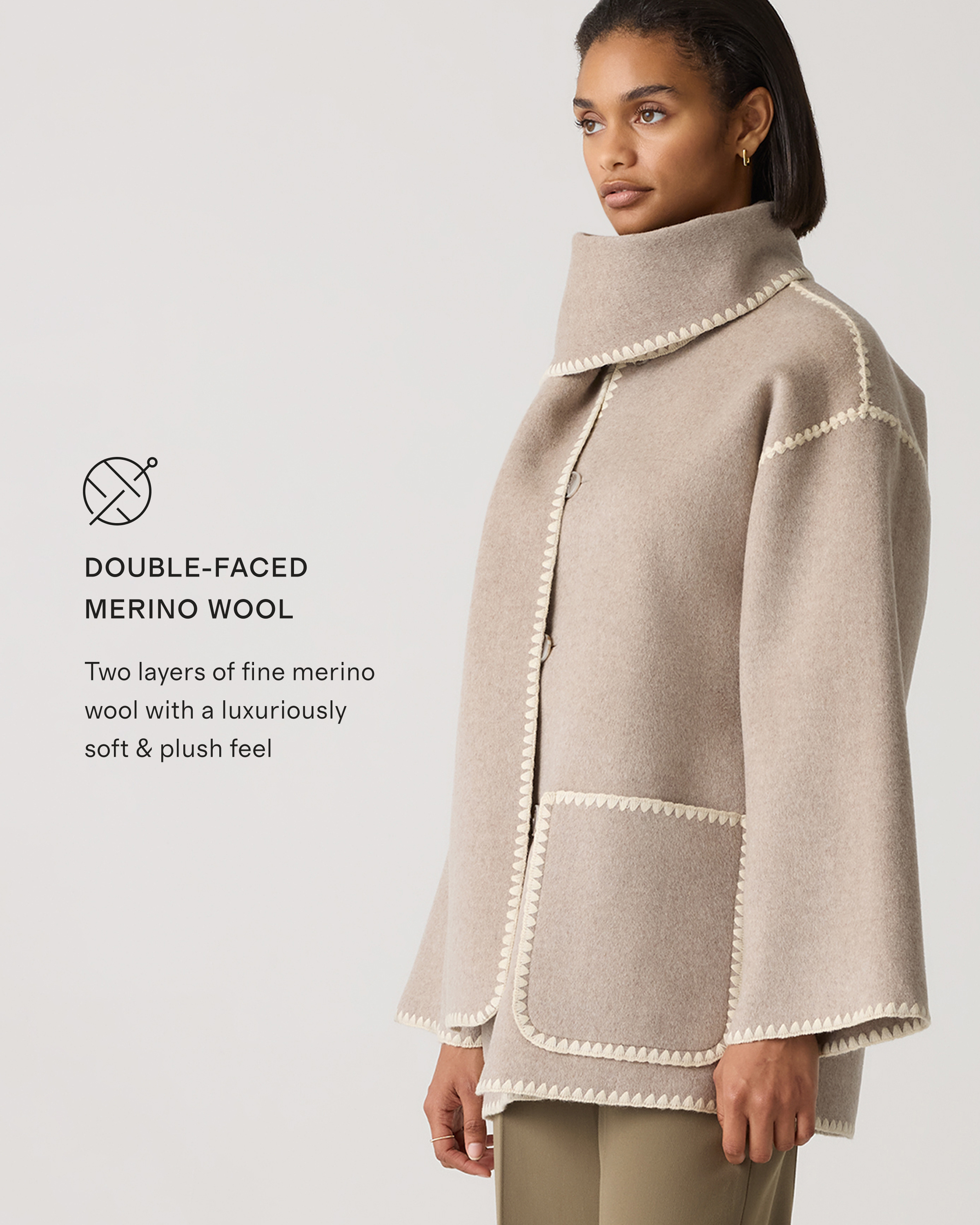 Double-Faced Merino Wool Scarf Coat in Oat