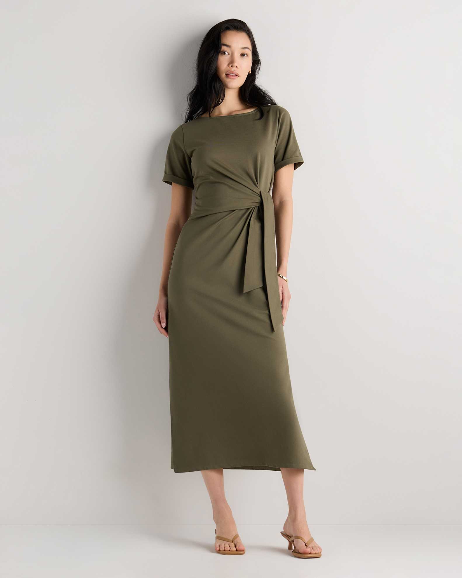 Stretch Cotton Jersey Side Tie Midi Dress in Kalamata Olive Stretch Cotton Jersey Side Tie Midi Dress in Kalamata Olive