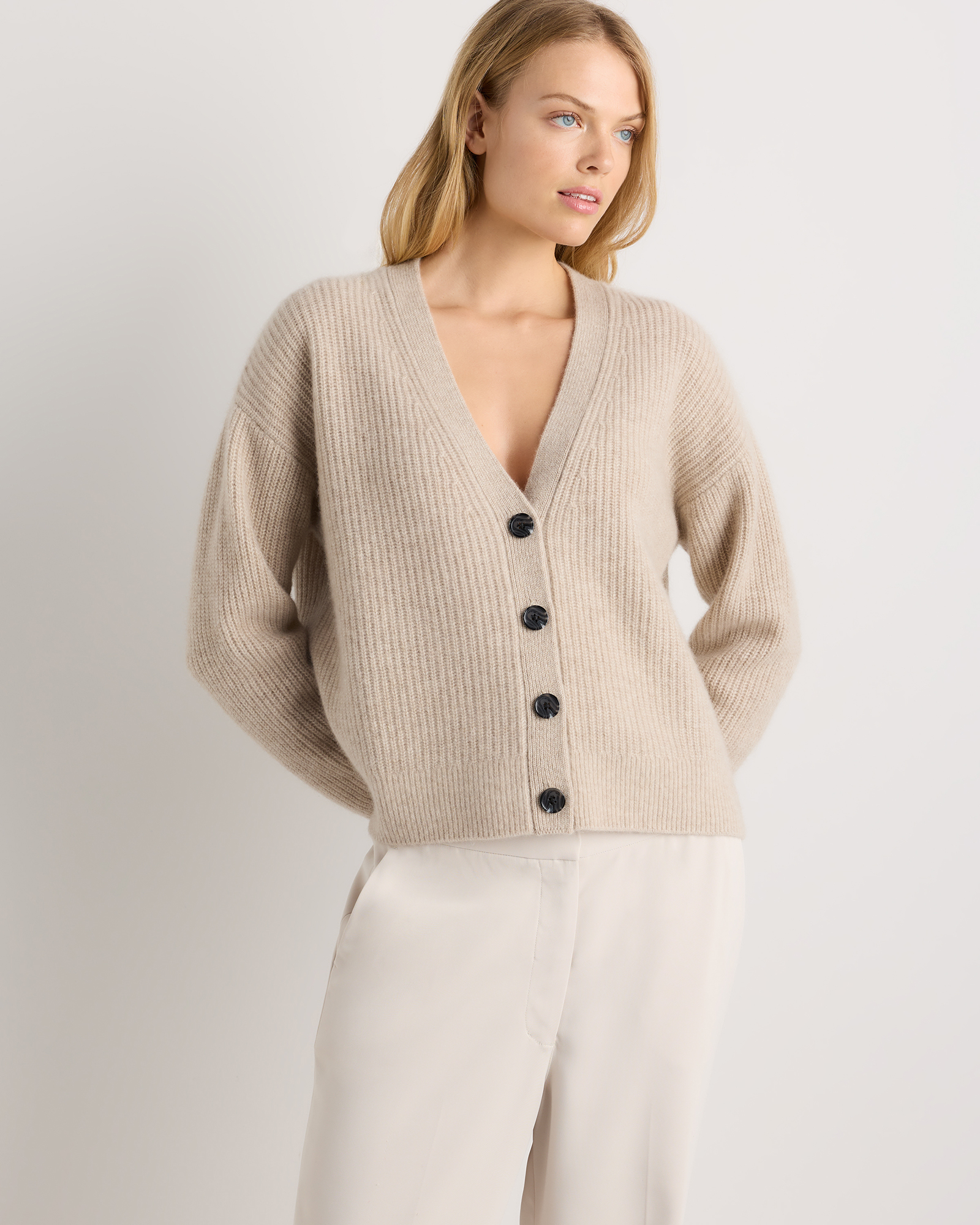 Undyed Natural Heather Mongolian Cashmere Fisherman Boxy Cropped Cardigan Sweater