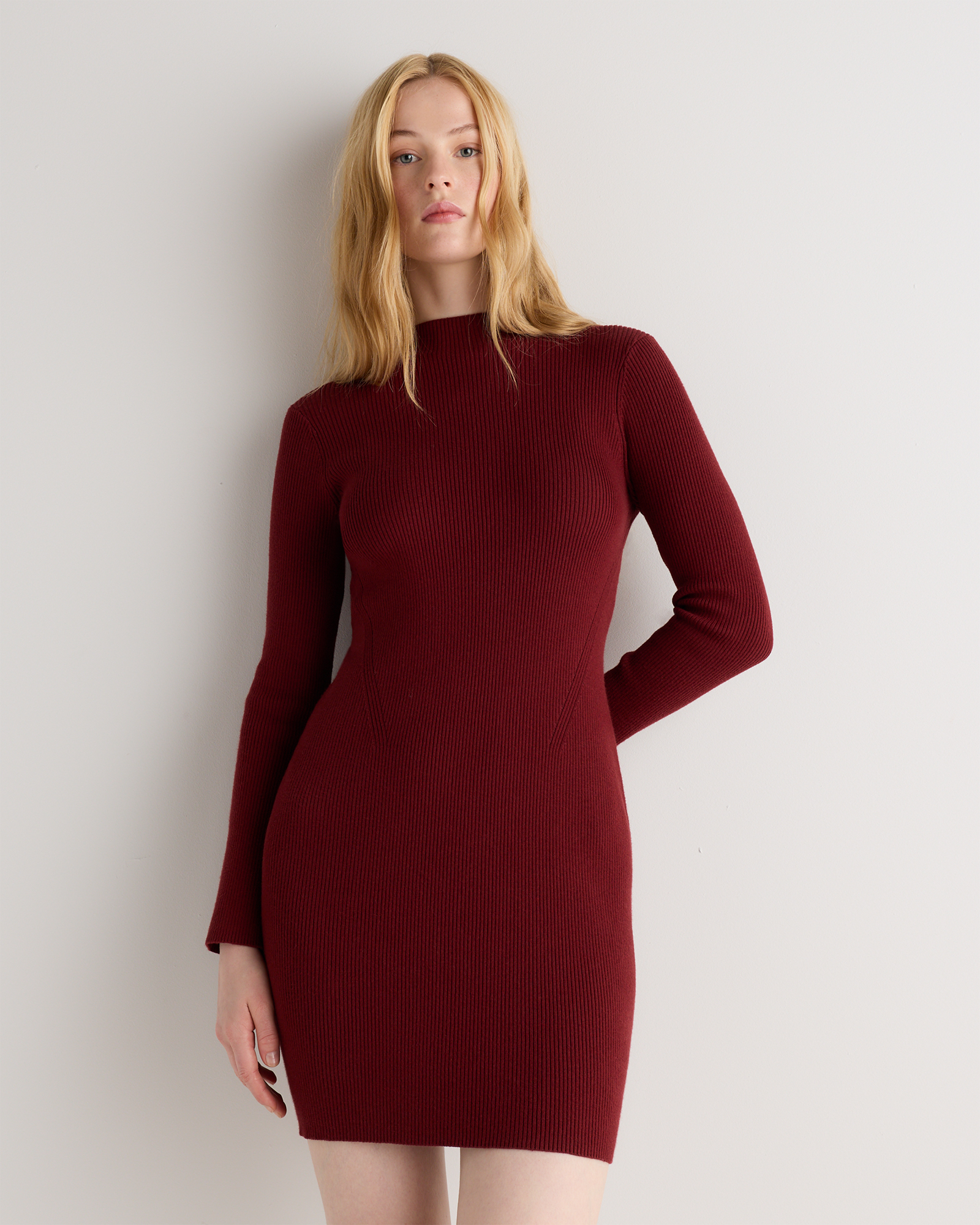 Deep Brick Red Cotton Cashmere Mock Neck Mini Dress