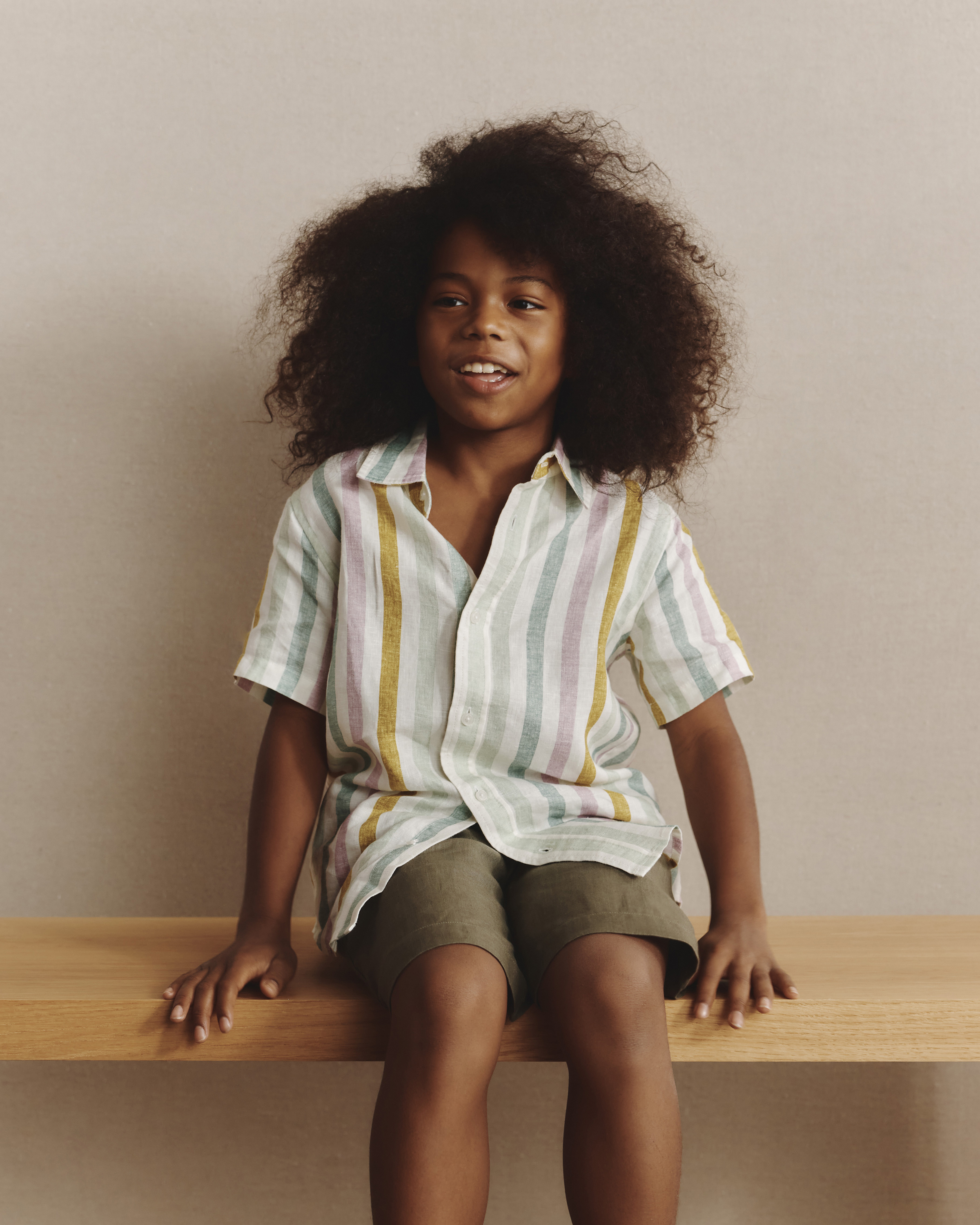 100% European Linen Button Front Shirt - Kid in Multi Vertical Stripe