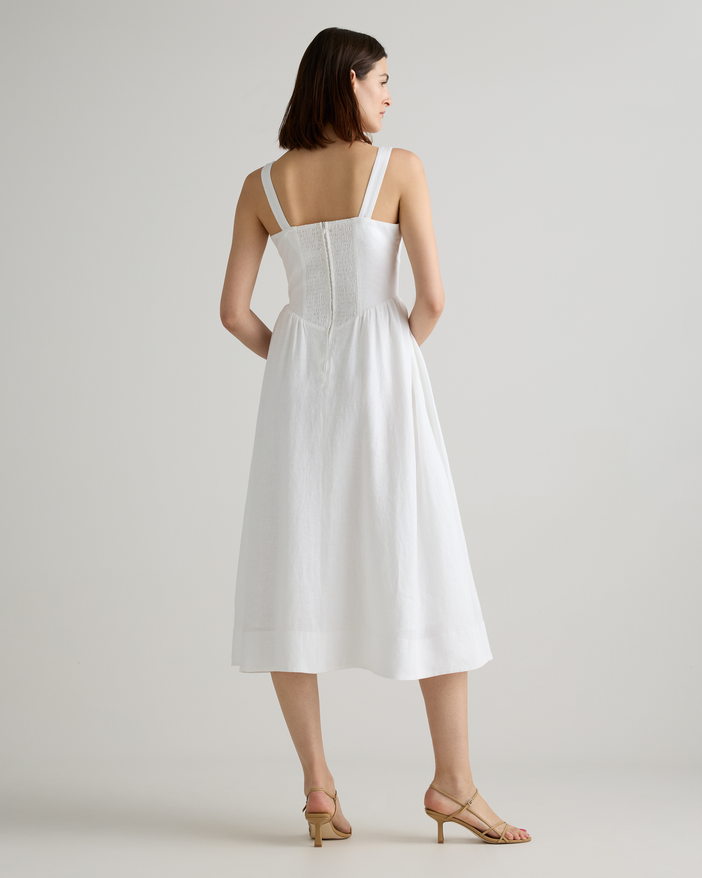 white corset midi dress Satin Spaghetti strap midi dress Corset bodice top and flared waist Features a slight sweetheart neckline A Women's 100% European Linen Corset