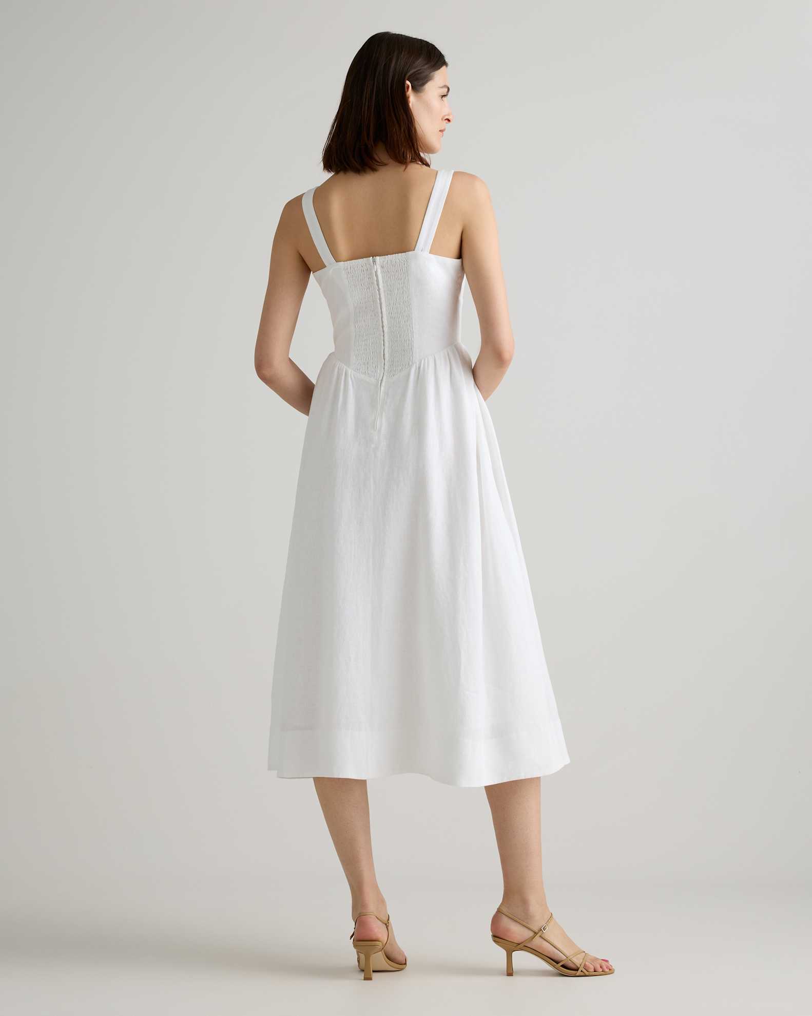 white corset midi dress Satin Spaghetti strap midi dress Corset bodice top and flared waist Features a slight sweetheart neckline A Women's 100% European Linen Corset