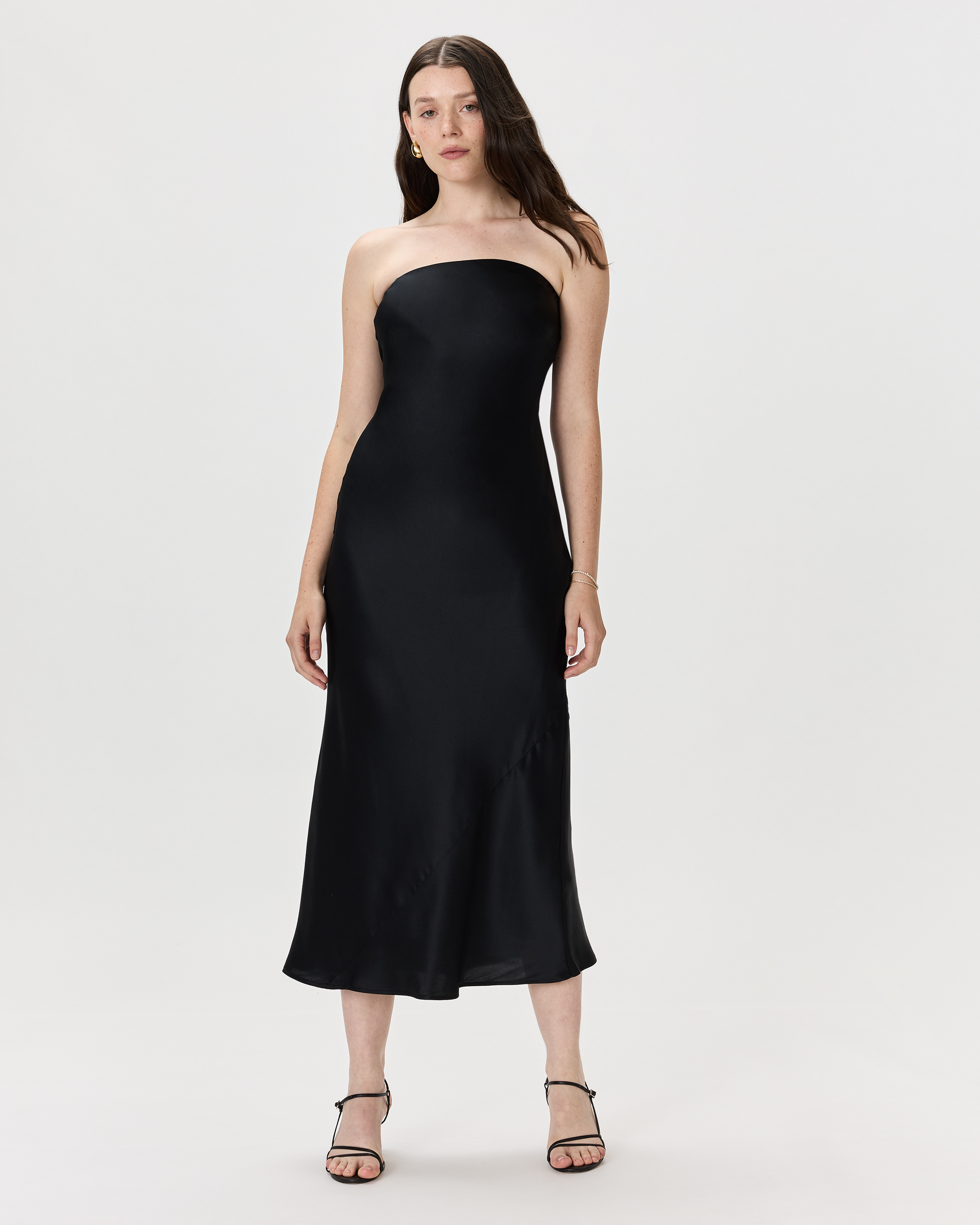 Black 100% Washable Silk Strapless Midi Dress