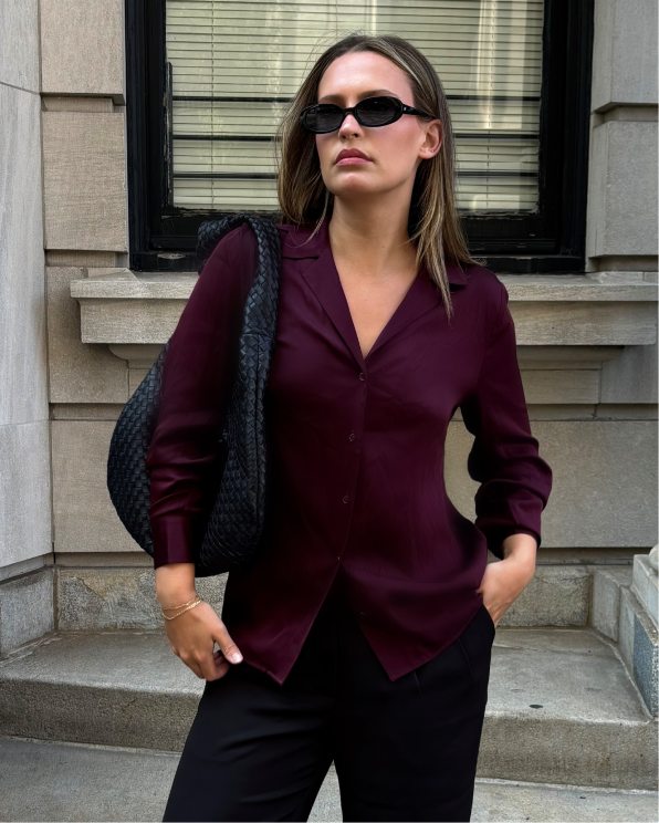 Wine Tasting Red Washable Stretch Silk Notch Collar Blouse